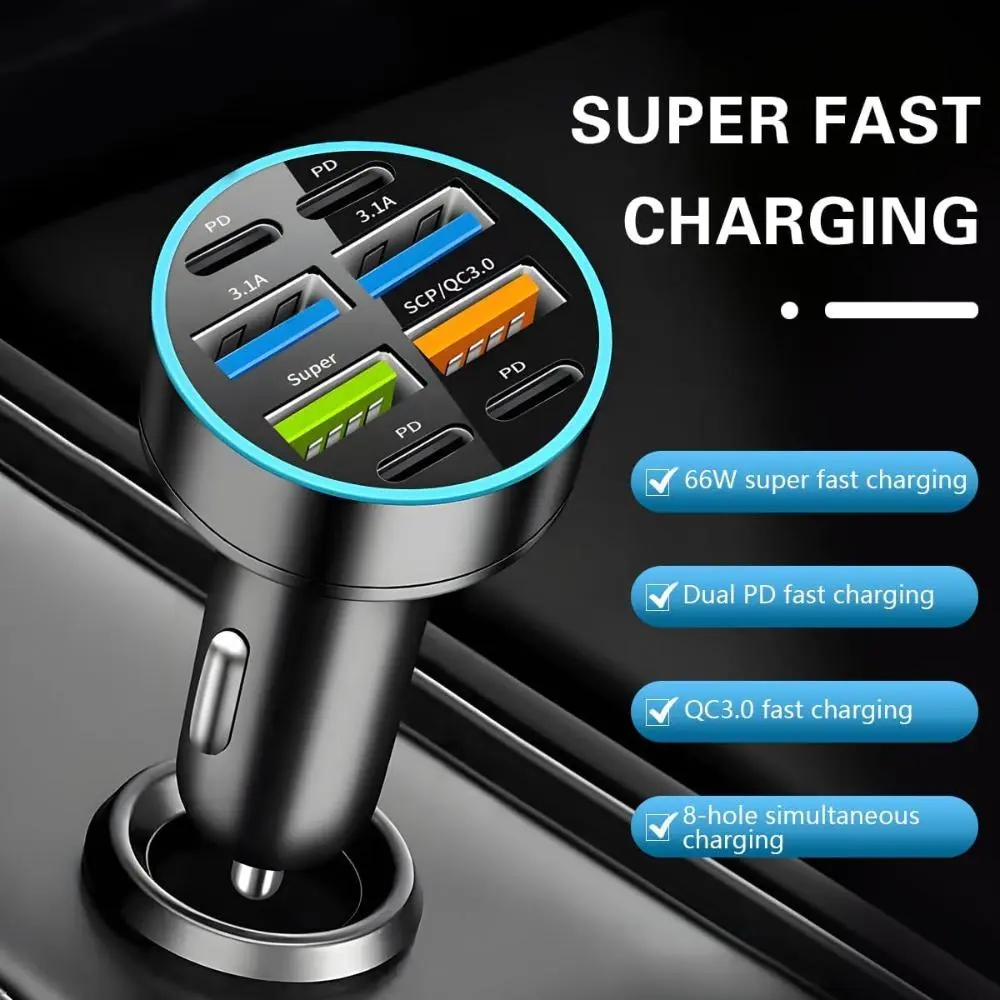 8 Ports 66W Car Charger with 12-24V Super Fast Charging, USB 3.1A PD&QC 3.0, LED Voltmeter for Cigarette Lighter Plug, Compatible with All Smartphones, Universal Cars Accessories