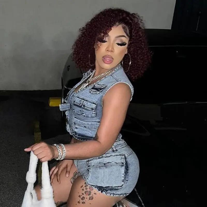 two-piece set woman Multi Pockets Denim Shorts Outfit Sexy Women Elegant Two Pieces Jeans Club Macthing Jacket+Shorts