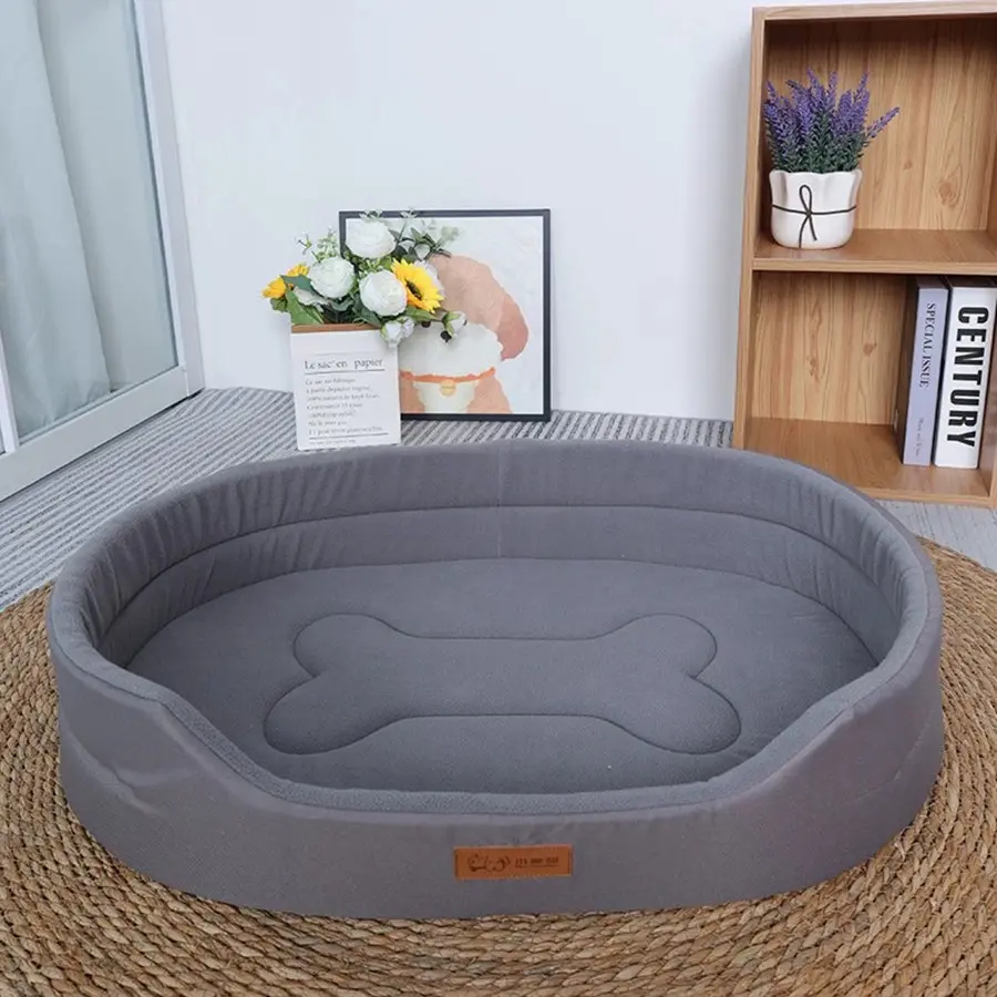 Elongated Pet Bed (dog Cat Universal), Bone Pattern Design, Comfortable Fleece, Waterproof Non-Slip Base, Washable, All-Season Use