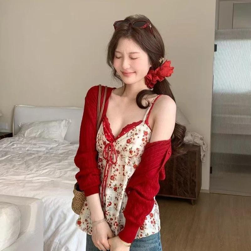 French Floral Fake Two Piece Lace Cami Top Women Summer Slim Fit Sweet Sexy Chic Camis Style Streetwear Fashion Outfit 2026 New