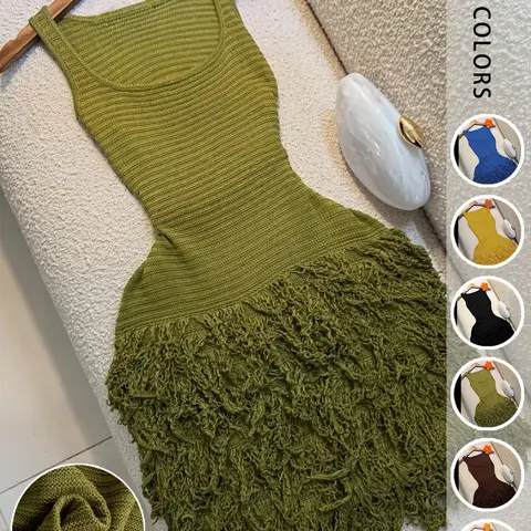 【Black Friday】Women's Solid Color Sleeveless Scoop-Neck Knit Bodycon Fringe Dress for Summer Vacations