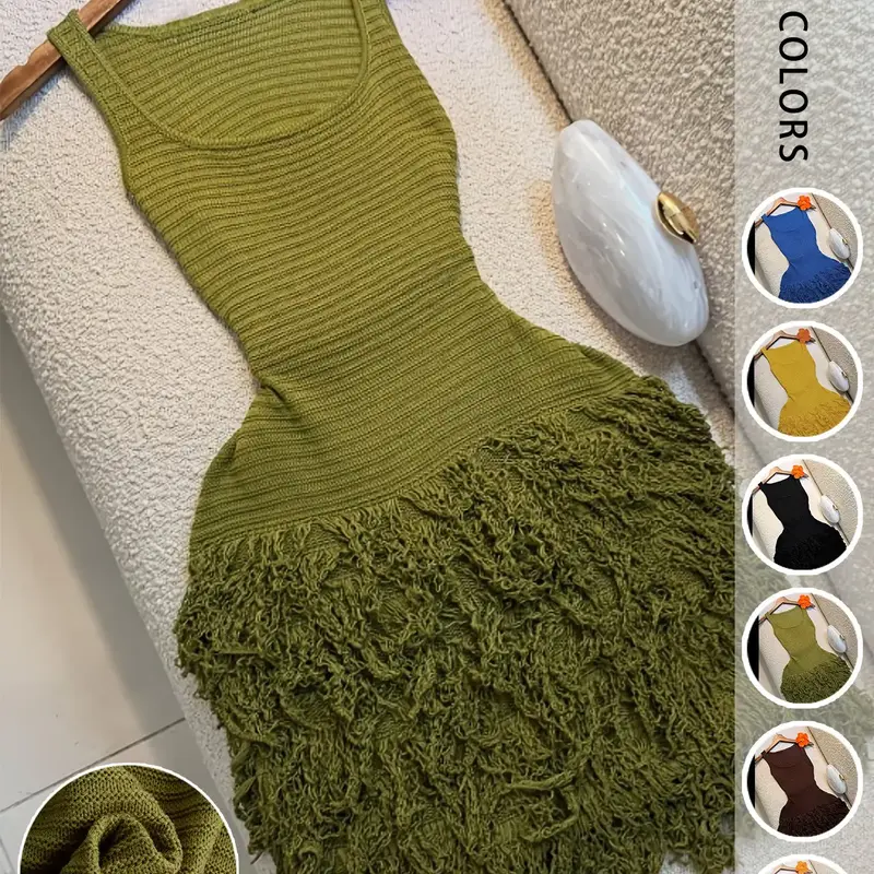 【Black Friday】Women's Solid Color Sleeveless Scoop-Neck Knit Bodycon Fringe Dress for Summer Vacations