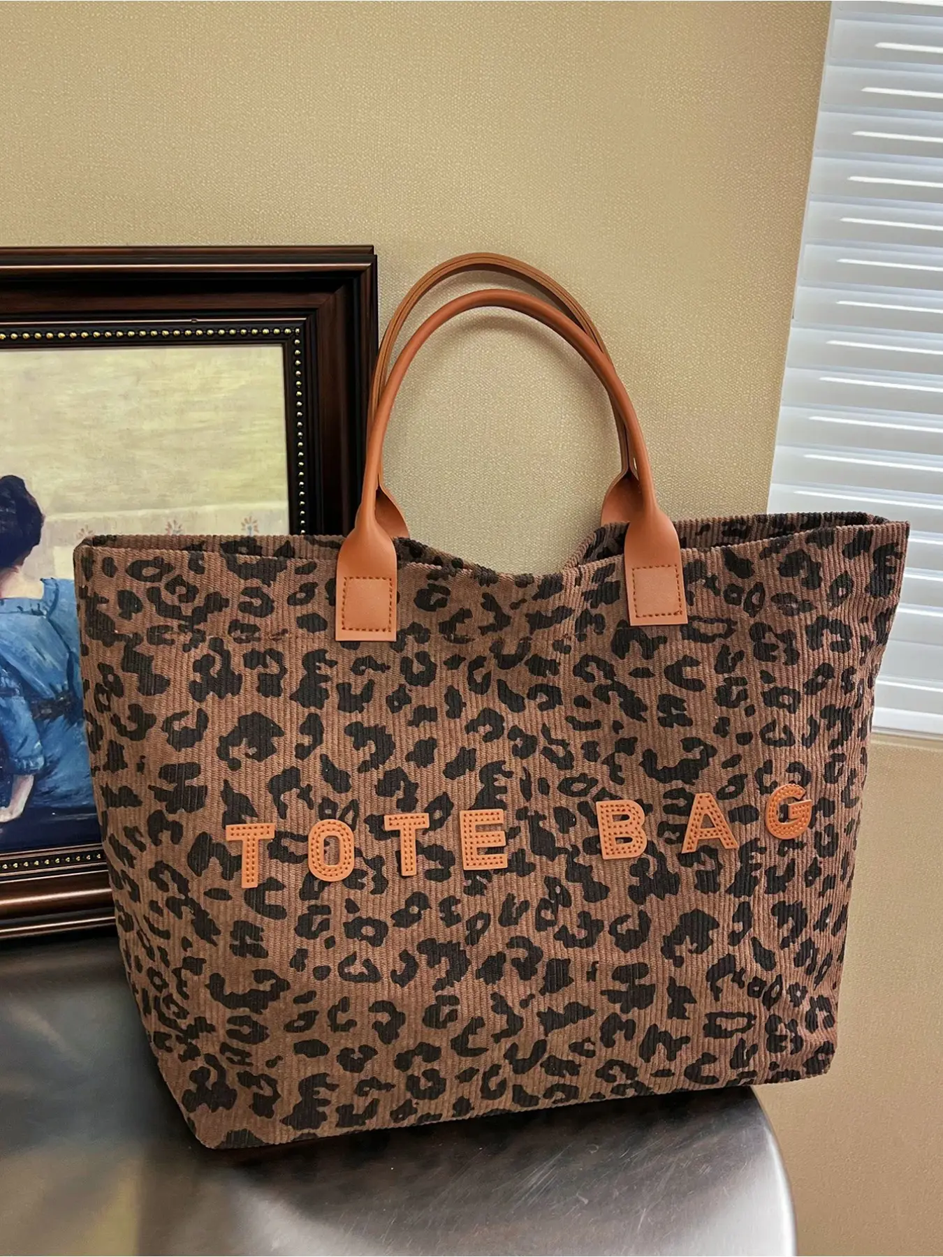 Retro Leopard Print Corduroy Tote Bag Women Large Capacity Lightweight Shoulder Bag Commuter Office Daily Versatile Handbag for School Laptop Cord Tote Casual Fashion Bag