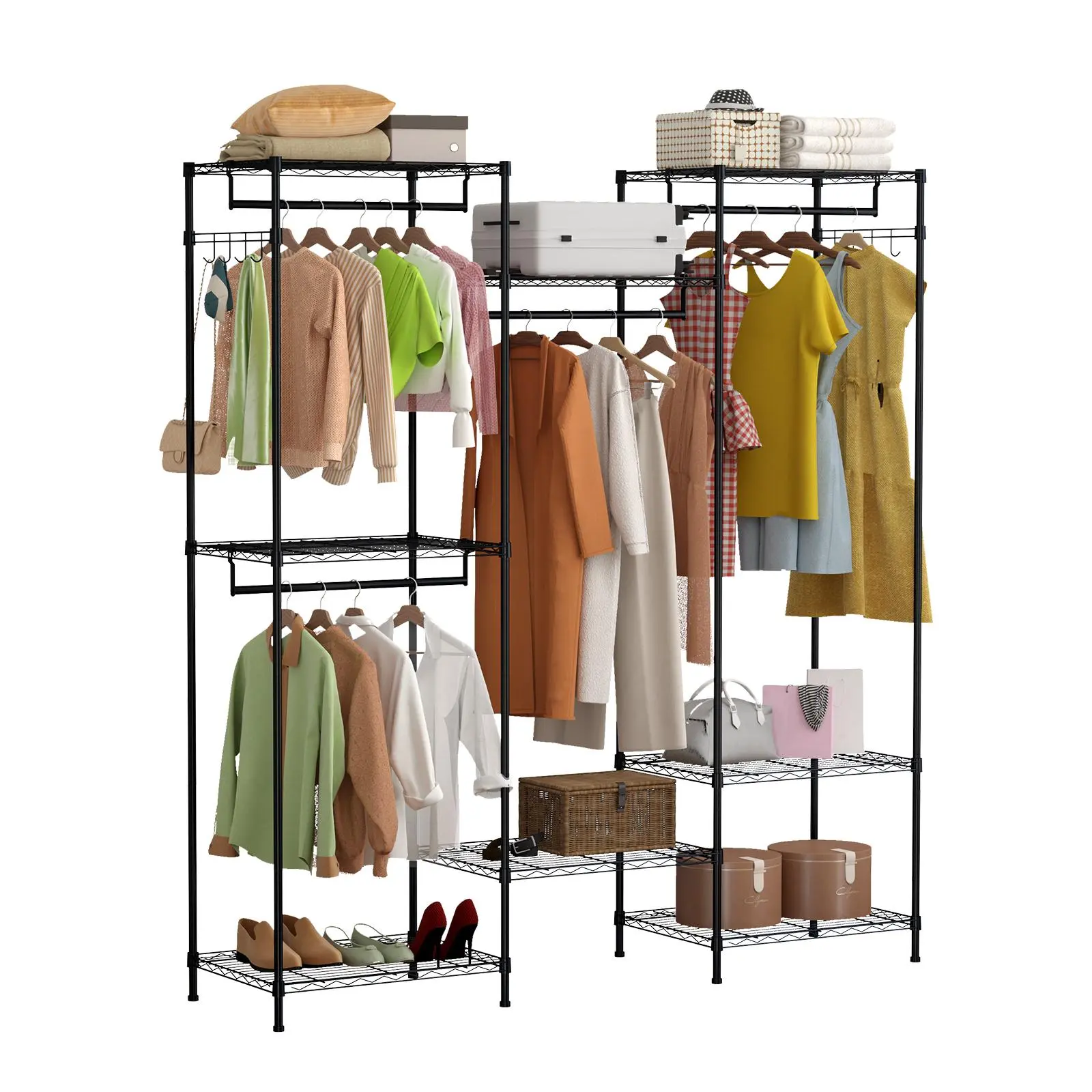 Heavy Duty Freestanding Wardrobe Closet Large Clothing Rack with 4 Hanging Rods & 8 Shelves Portable Garment Organizer Modern Metal Clothes Storage System for Bedroom Apartment Dorm Room No Tools Assembly Black