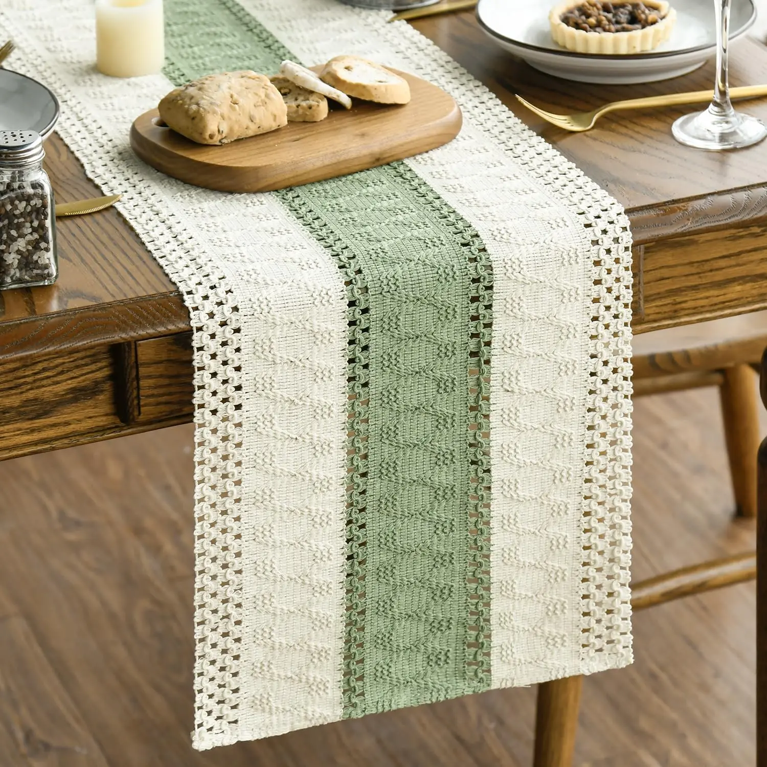 Light Green Farmhouse Rustic Table Runner, Seasonal Holiday Hollow Kitchen Dining Table Decoration for Home Party Decor 12x72 Inch
