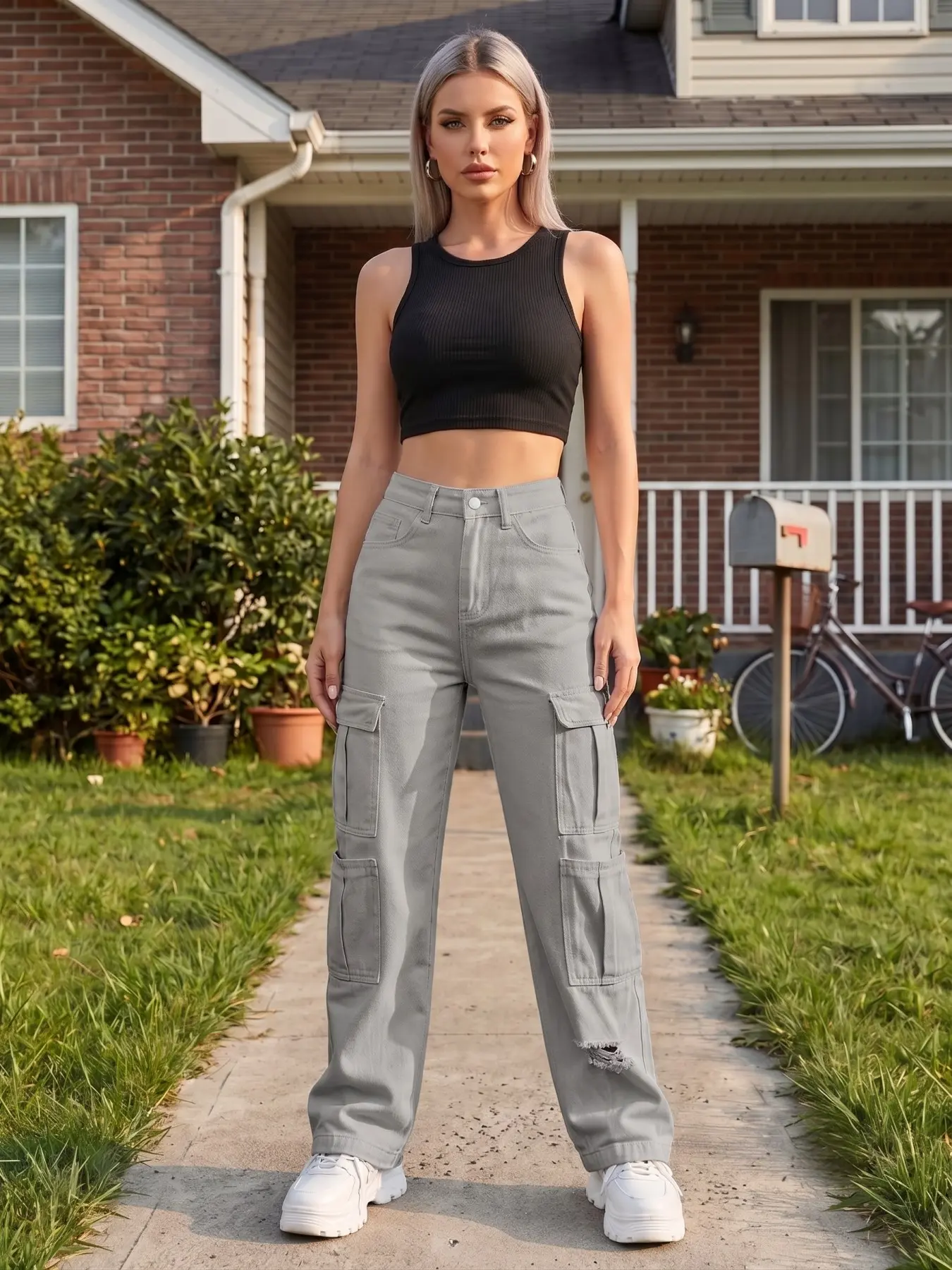 Women's High-Waisted Cargo Pants Jeans, Loose-Fit Straight Leg, Multi-Pocket Street Style Streetwear, Casual Denim Trousers for Daily Wear