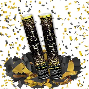 12" Black Gold Confetti Cannon Party Poppers for Birthday Graduation Wedding Retirement New Year Celebrations - Easy to Use, Pack of 2