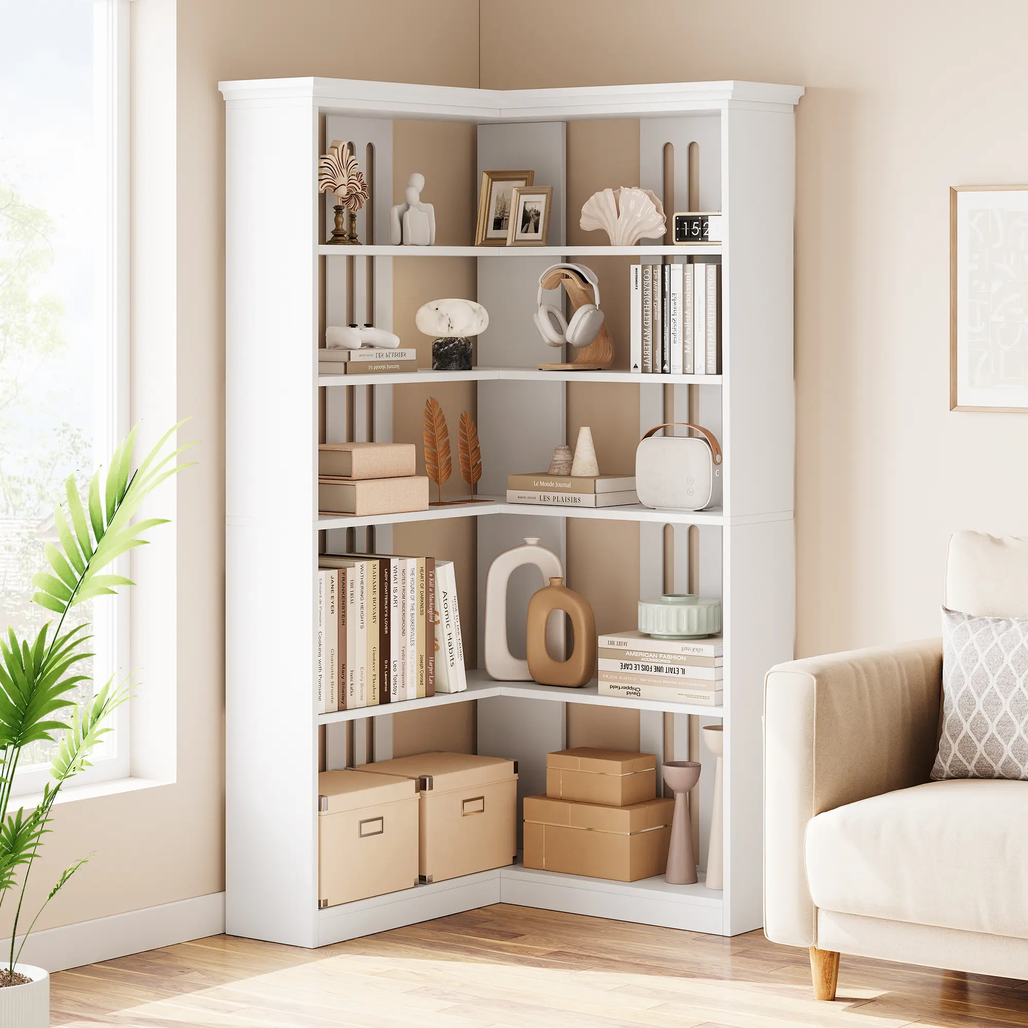 72.8in Tall L-Shaped 5-Tier Corner Bookshelf, Large Wooden Display Storage Rack with Full Back Panel, Farmhouse Style Organizer for Living Room Bedroom Office