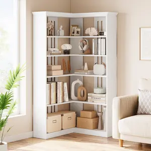 72.8in Tall L-Shaped 5-Tier Corner Bookshelf, Large Wooden Display Storage Rack with Full Back Panel, Farmhouse Style Organizer for Living Room Bedroom Office