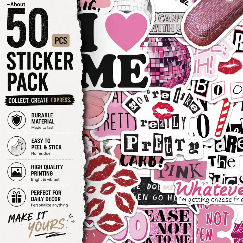 50PCS pink Aesthetic Vinyl Stickers Pack for Laptop Water Bottle Phone Case Skateboard Journal Scrapbook DIY Decoration