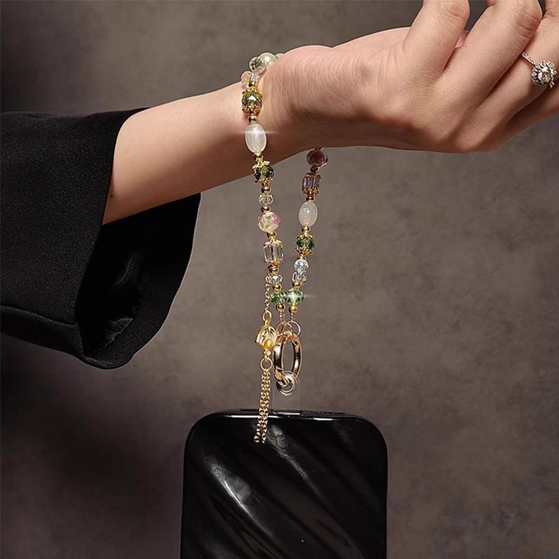 Chinese Style Alloy Tassel Fan Phone Lanyard Handmade Bead Pearl Crystal Strap Phone Case Wrist Hanging Chain Keychain Pendant