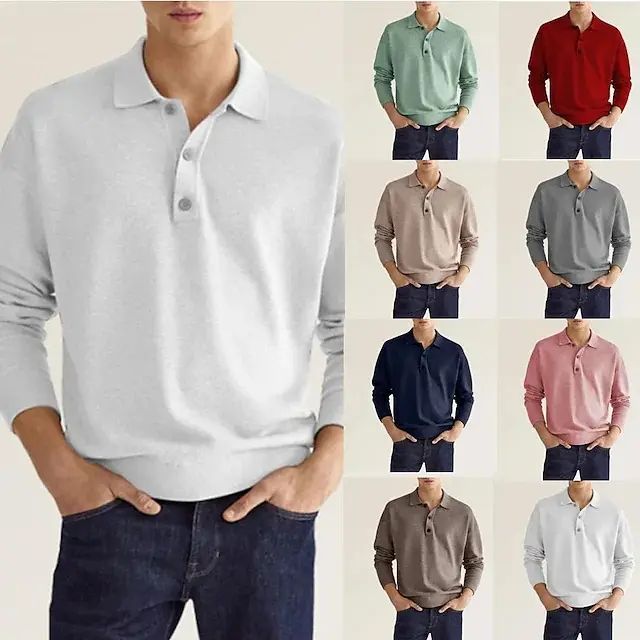 Men's Long Sleeve Polo Jacket - Autumn -Neck Button Casual Top |     White Breathable Jeans Style |     Versatile, ClosetEssential, RelaxedStyle, EverydayWear, ComfortFit, AllDayWear, EssentialBasics