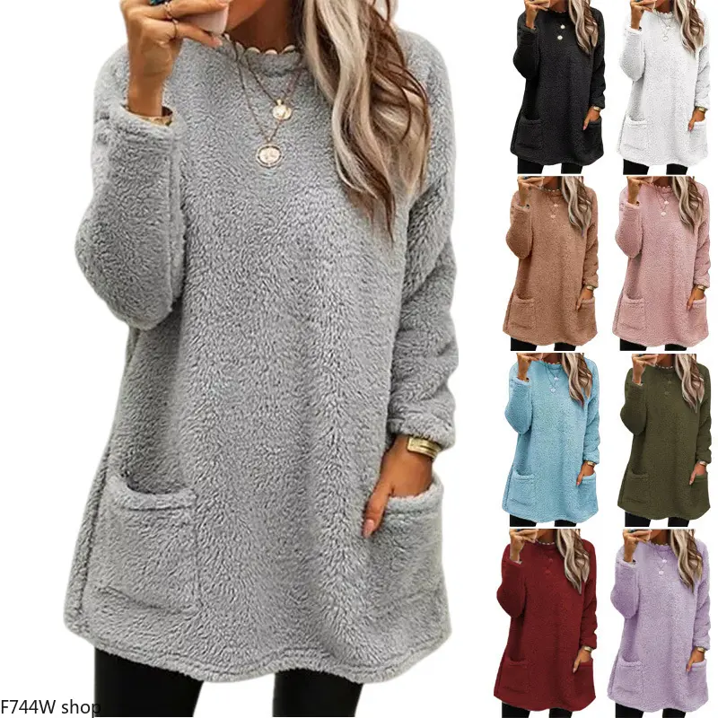 Women’s Plush Long Sleeve Sweatshirt, Soft Fuzzy Top with Front Pocket, Cozy Casual Pullover Shirt, Fall & Winter Everyday Wear