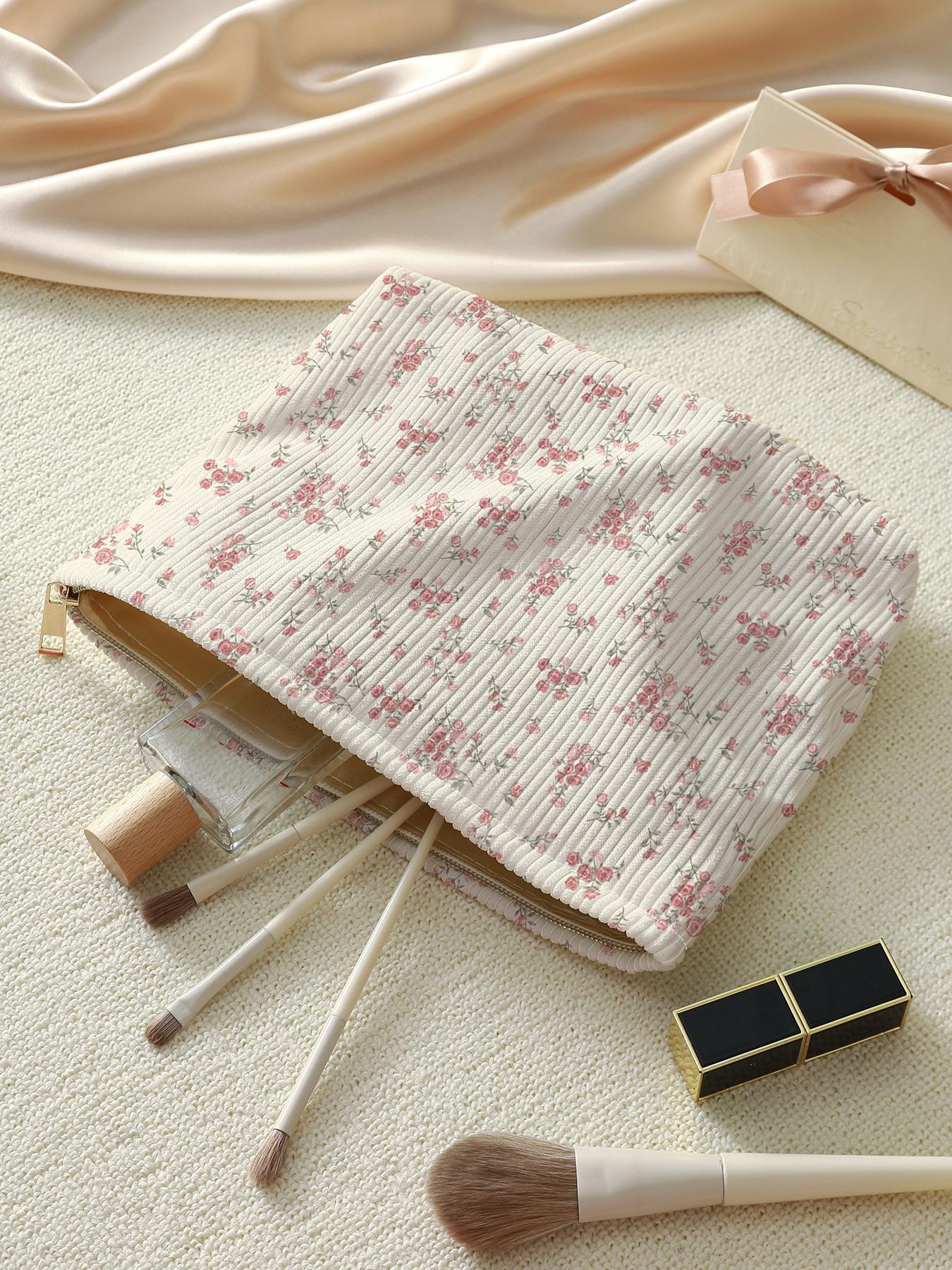 Ditsy Floral Pattern Makeup Bag, Casual Fashion Corduroy Zipper Makeup Bag for Travel, Versatile Storage Bag for Women & Girls, Makeup Organizer Pouch