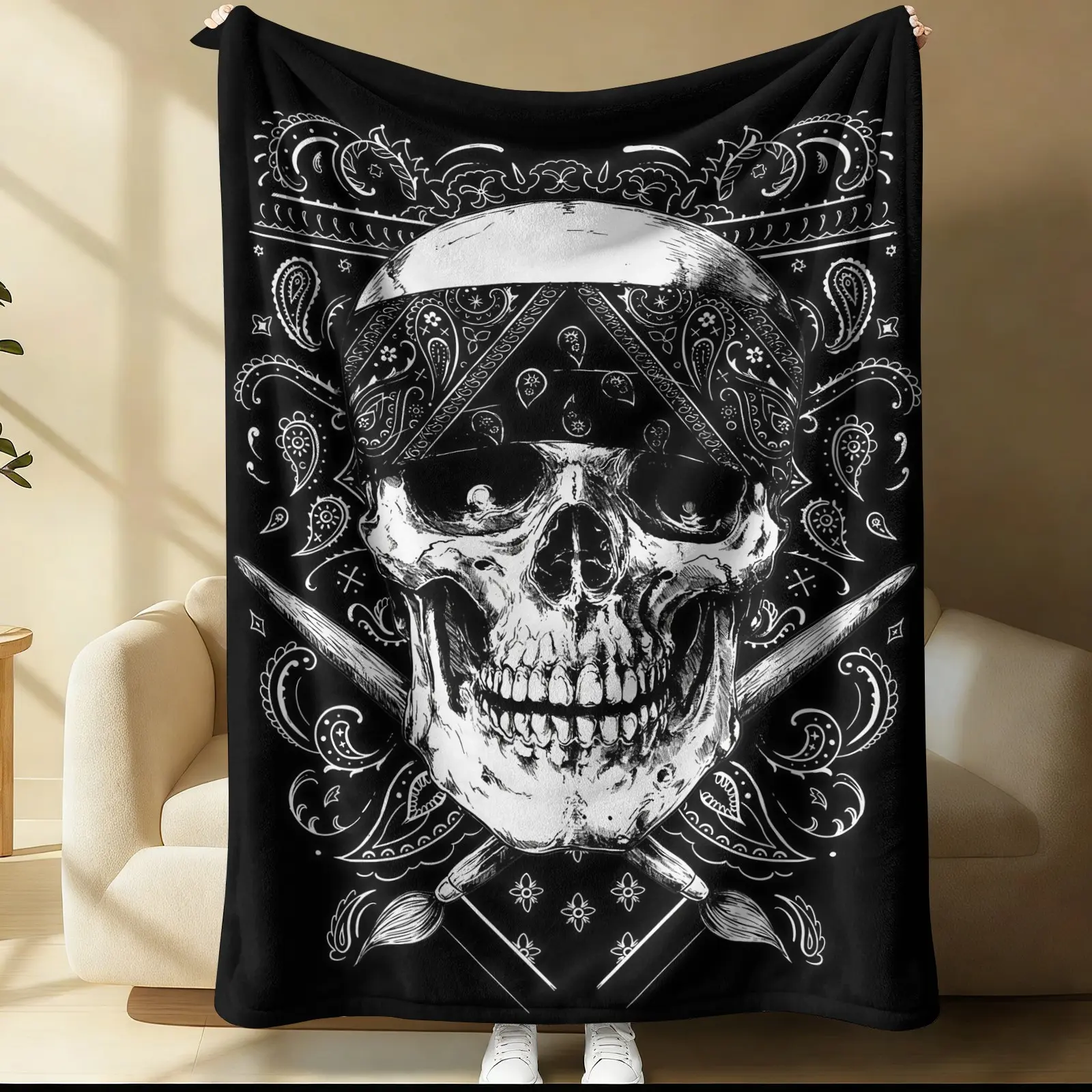 Dark Skull Paisley print blanket, suitable for all seasons, perfect for beds, sofas, cars, room decor, and gifts, suitable for children or adults