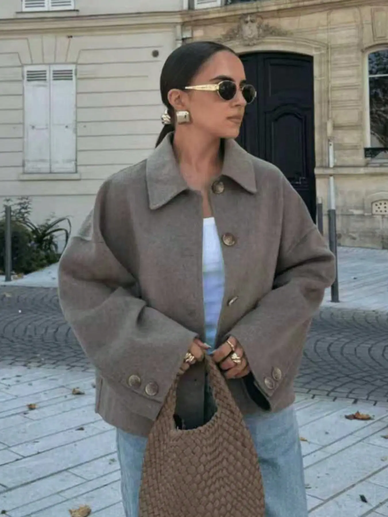 Women's Fall/Winter French-Inspired Cropped Jacket, Loose Fit Business Casual Outerwear, Long Sleeve, Button-Front Closure