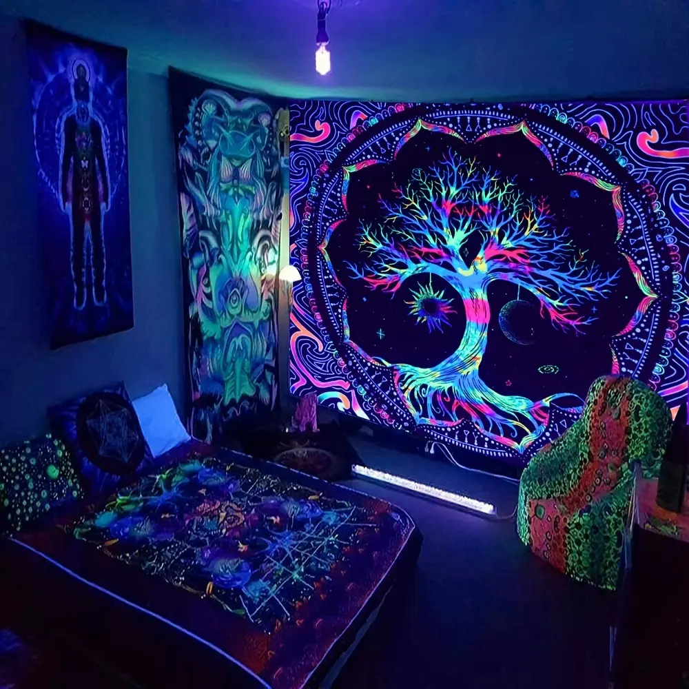 1pc 90gsm Peach Skin Black Light Tapestry - Tree of Life Mandala Fluorescent Hanging Decor, UV-Reactive Fabric for Living Room Room Decor
