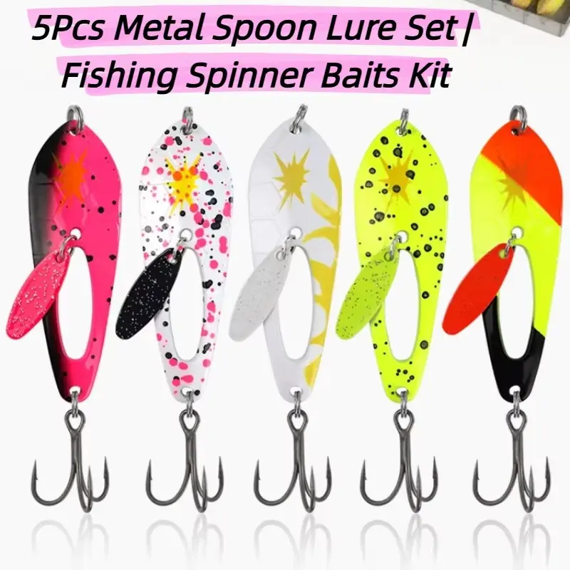 5-Piece Metal Spoon Spinner Bait Set, Long Cast Wobble Hard Bait, Freshwater & Saltwater Compatible, Ideal for Perch, Bass, Trout