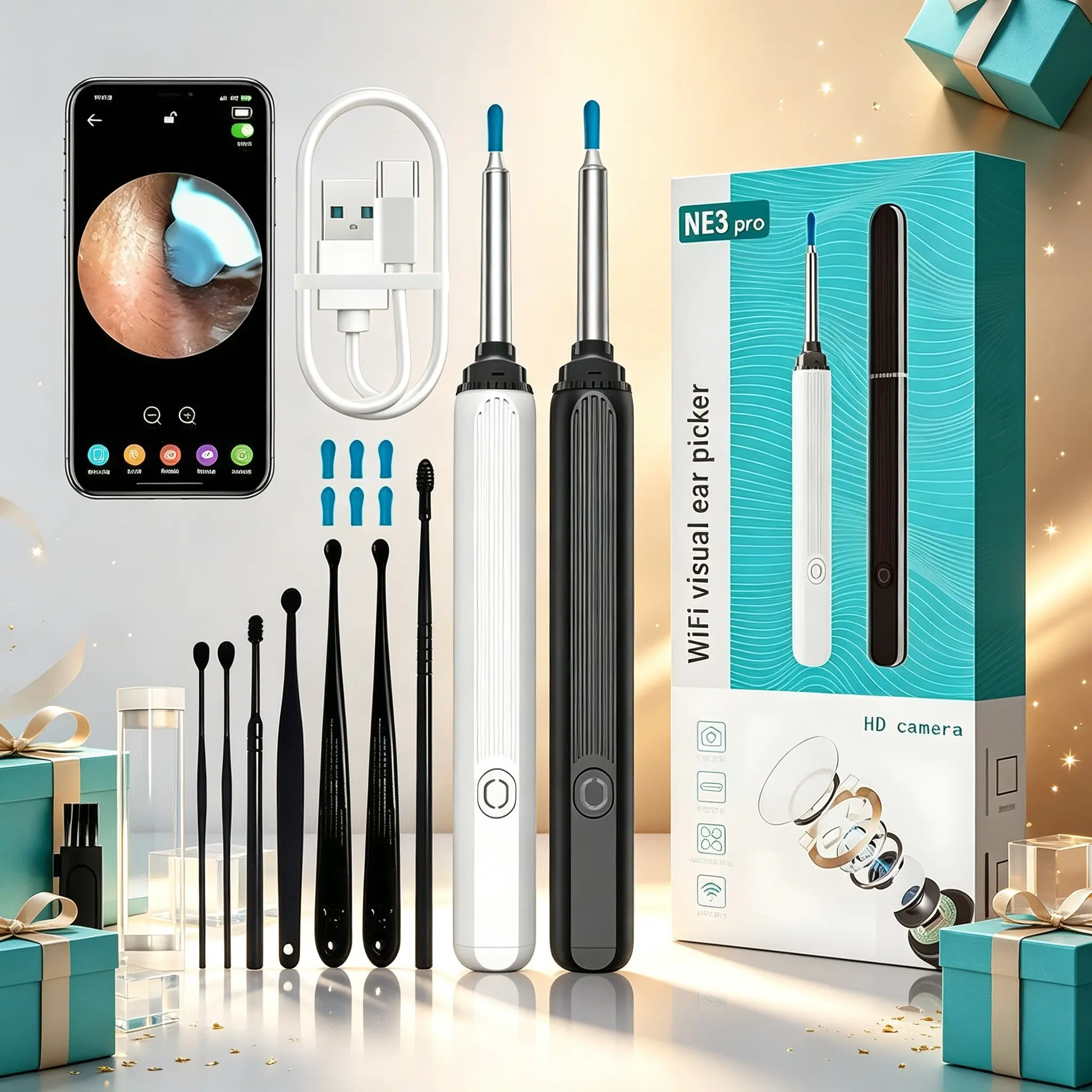 Thoughtful Practical Ear Care Gift for Men Women Adults Teens, NE3 Pro WF Visual Ear Wax Removal Kit, Earwax Remover, HD Wireless Otoscope Camera with Full Ear‑pick Accessories for Safe Household Ear Inspection & Cleaning