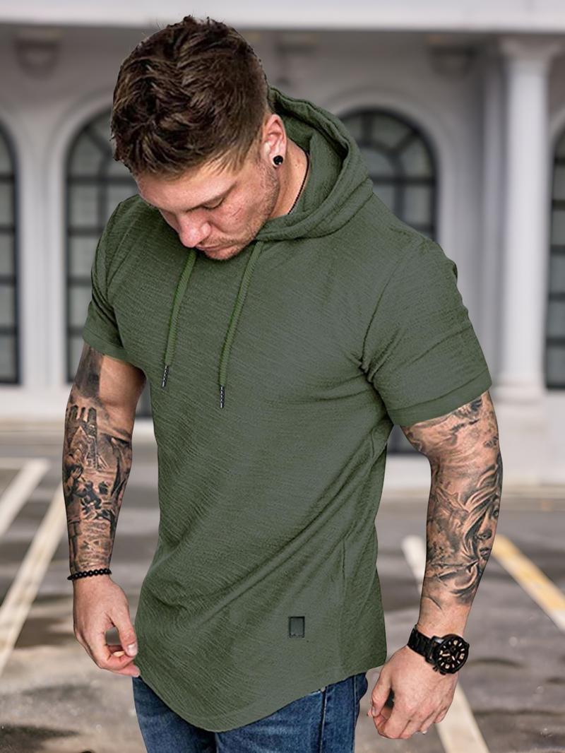 Men's Solid Drawstring Hooded Tee, Casual Regular Fit Short Sleeve T-Shirt for Summer, Menswear for Daily Wear