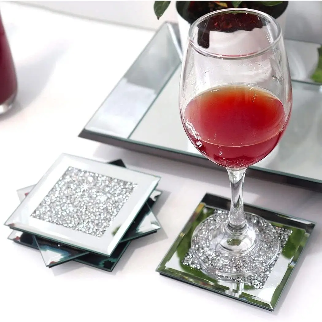 Glass Mirrored Coaster Set of 4, Crushed Diamond Square Cup Mats 4" Tabletop Decor for Bar and Dining TableGift