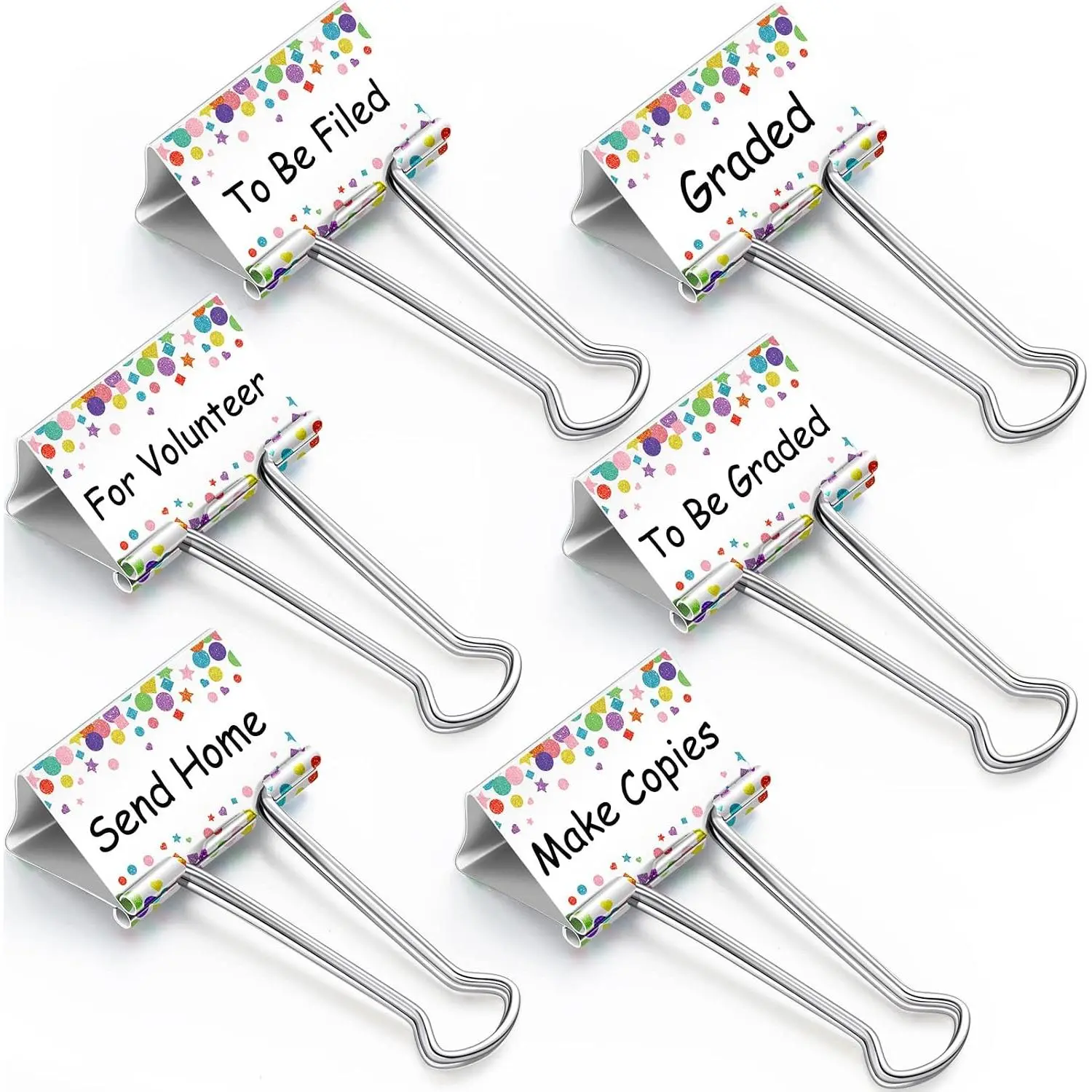 6-Pack 2-Inch Synthetic Metal-Coated Binder Clips for Teachers, Office Paper Sorter with Label Tags for Classroom Use (To Be Graded, Make Copies)