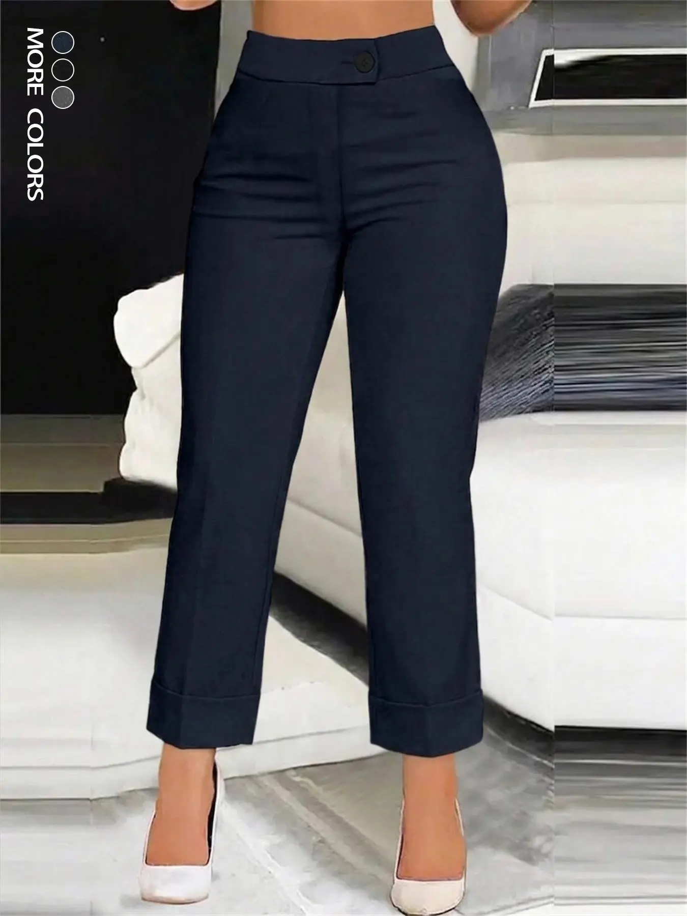 Women's Casual Solid Color Elastic Waist Button-Fly Pants, Comfortable and Skin-friendly Woven Fabric, Suitable for Office and Travel, Casual Fashion Bottoms