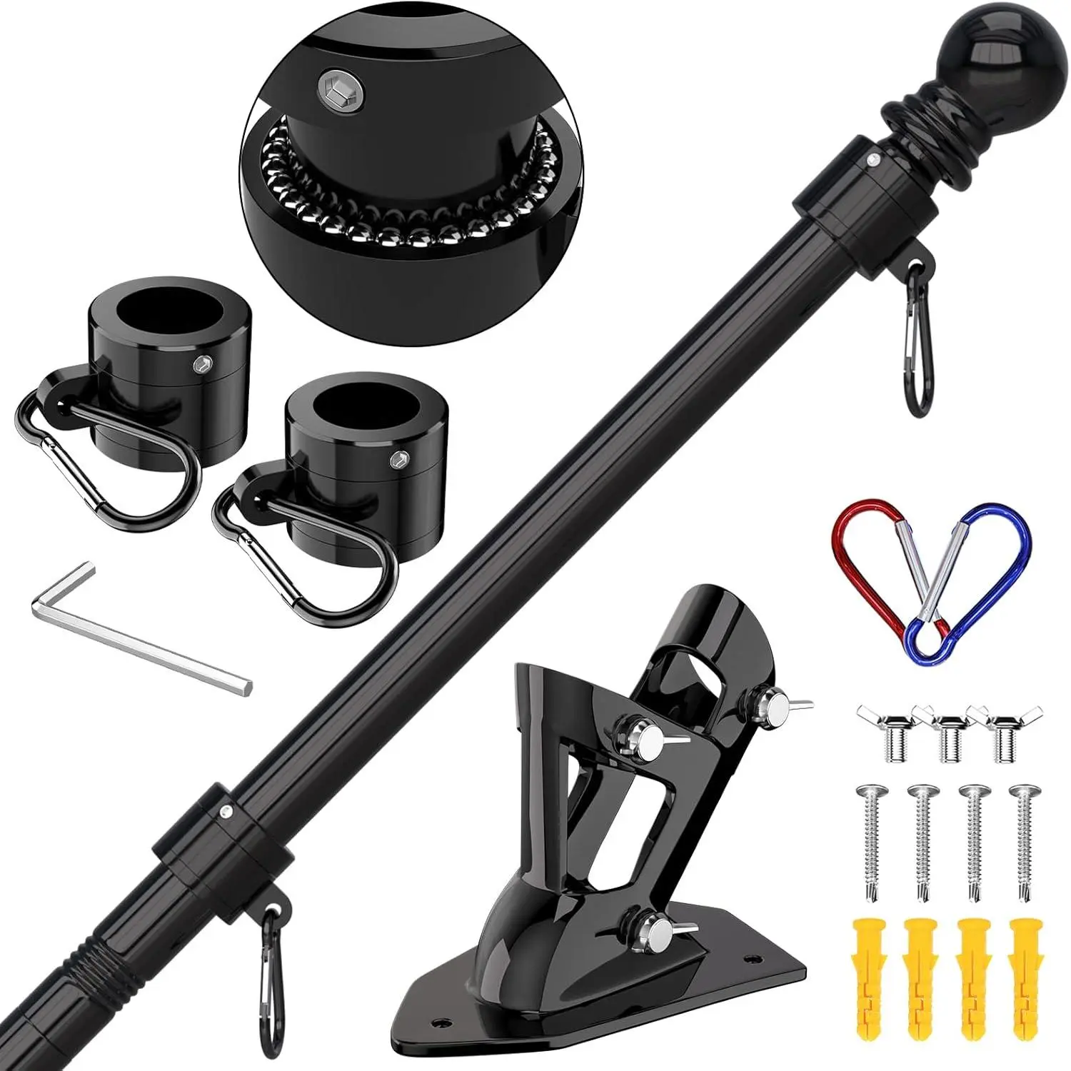 6-Foot Stainless Steel Tangle-Free Flagpole Kit with Upgraded Garden Flagpole Bracket & Pole Mount, Black, for Outdoor Residential Spaces (Flag Not Included, Compatible with Festive Flags)