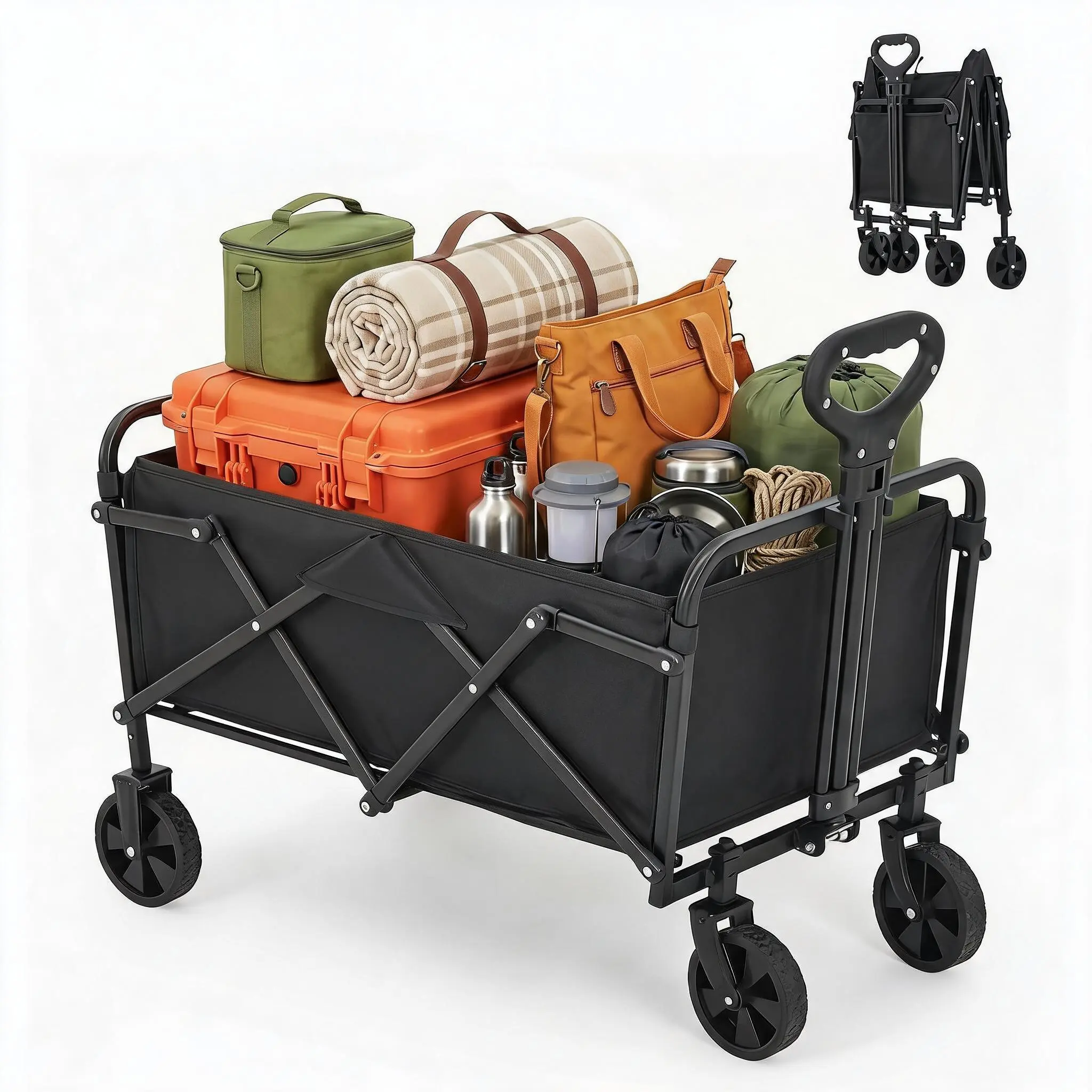 Collapsible Wagon 220 lbs Capacity – Foldable Utility Cart with 360° Wheels & Adjustable Handle, Lightweight Steel Frame, for Grocery, Garden & Camping