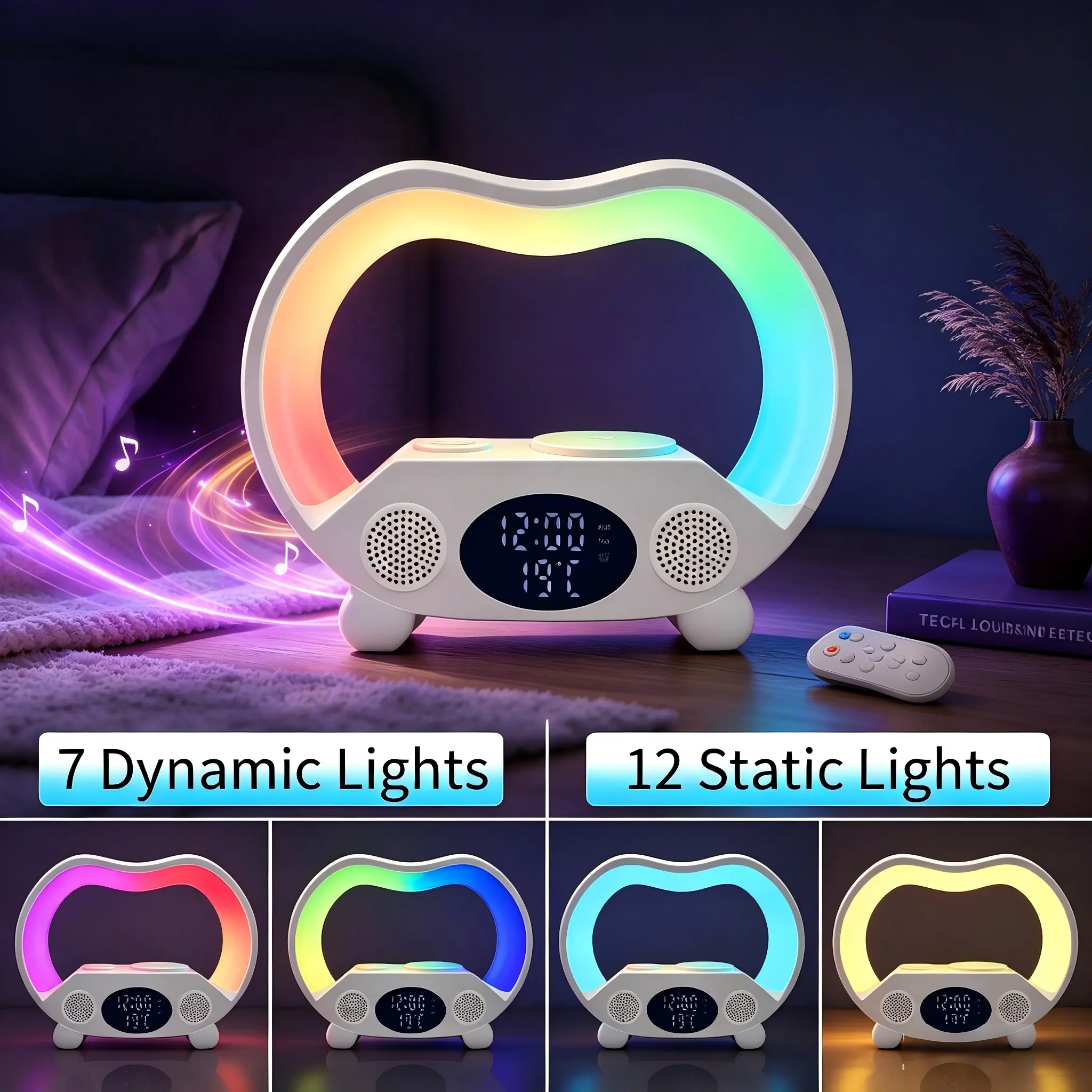 Multifunctional Bluetooth Speaker, Wireless Charging Station for iPhone & Apple Watch, Alarm Clockfor bedroom, RGB Ambient Night Light, Temperature Display with Remote Control, nightstand Audio Speaker