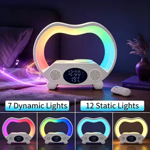 6-in-1 Multifunctional Bedside Bluetooth Speaker - Dual Wireless Charger for iPhone & Apple Watch, RGB Gradient Night Light, Digital Alarm Clock with Temperature Display, Remote-Controlled Y2K Teen Room Decor (White & Black)