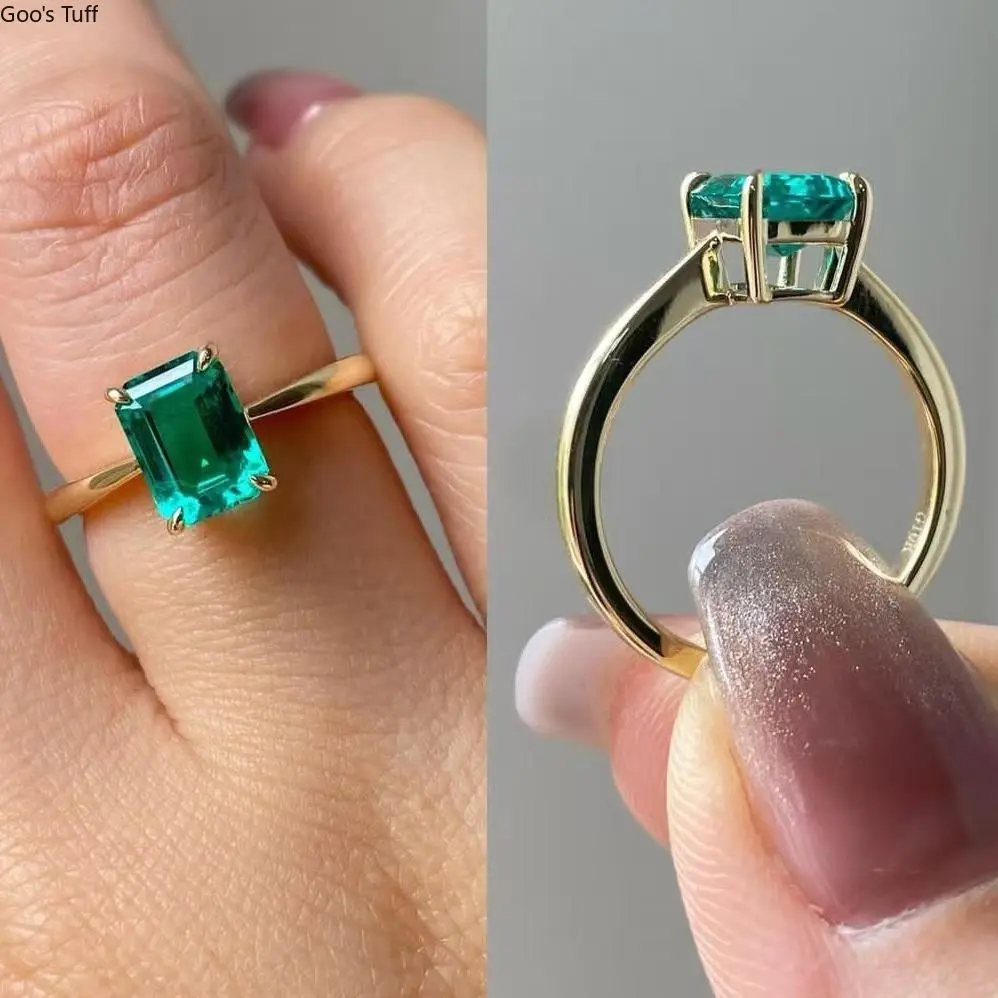 Women's Minimalist Solitaire Ring with Rectangular Simulated Emerald, Gold Tone Plain Band Costume Jewelry for Dating, Birthday Gift