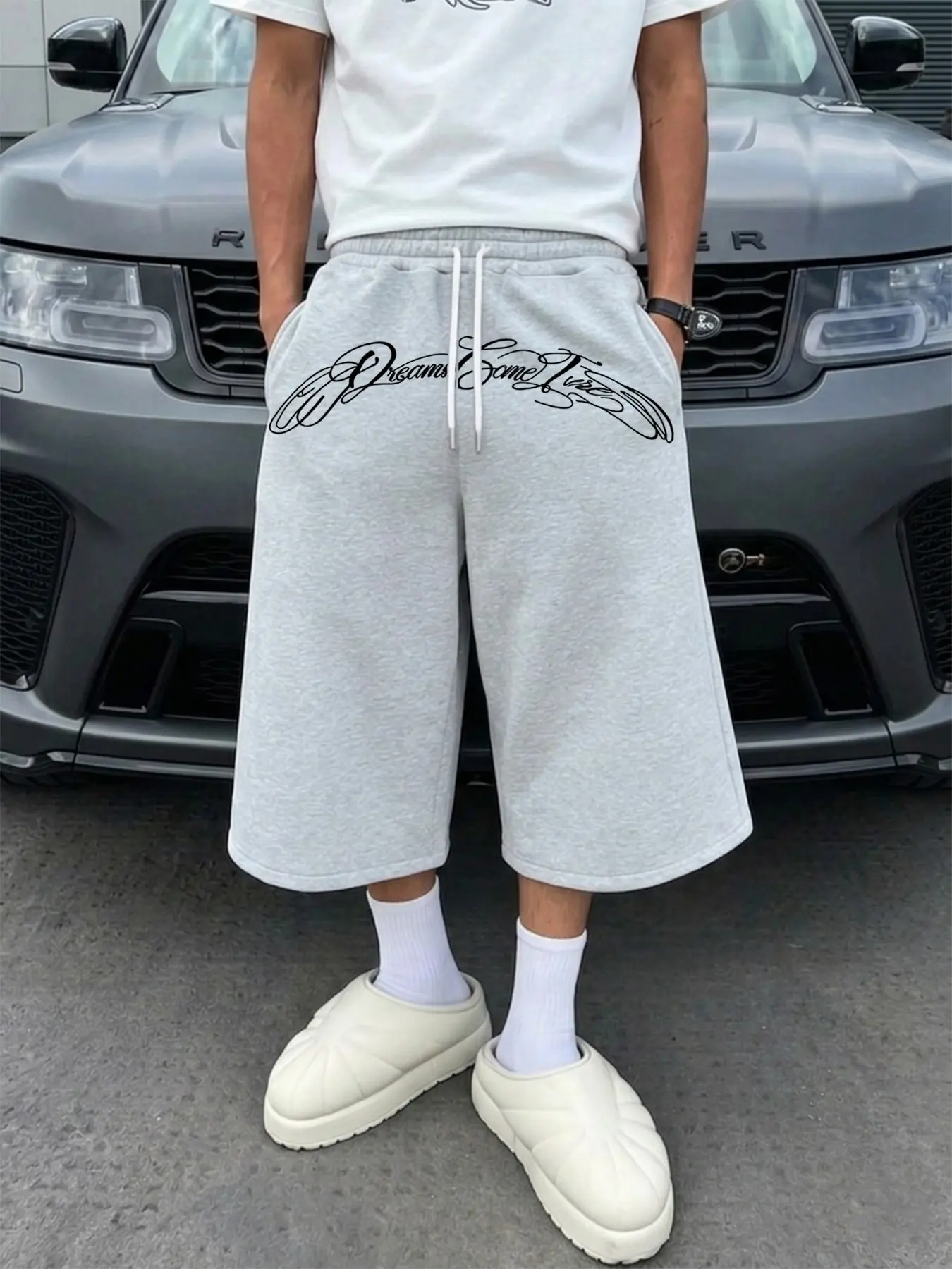 Men's Street Style Letter Print Seven-Quarter Wide Leg Adjustable Drawstring Sweatpants, Elastic Waist with Drawstrings, Loose Fit, Soft Fleece Material, Comfy Sweatpants