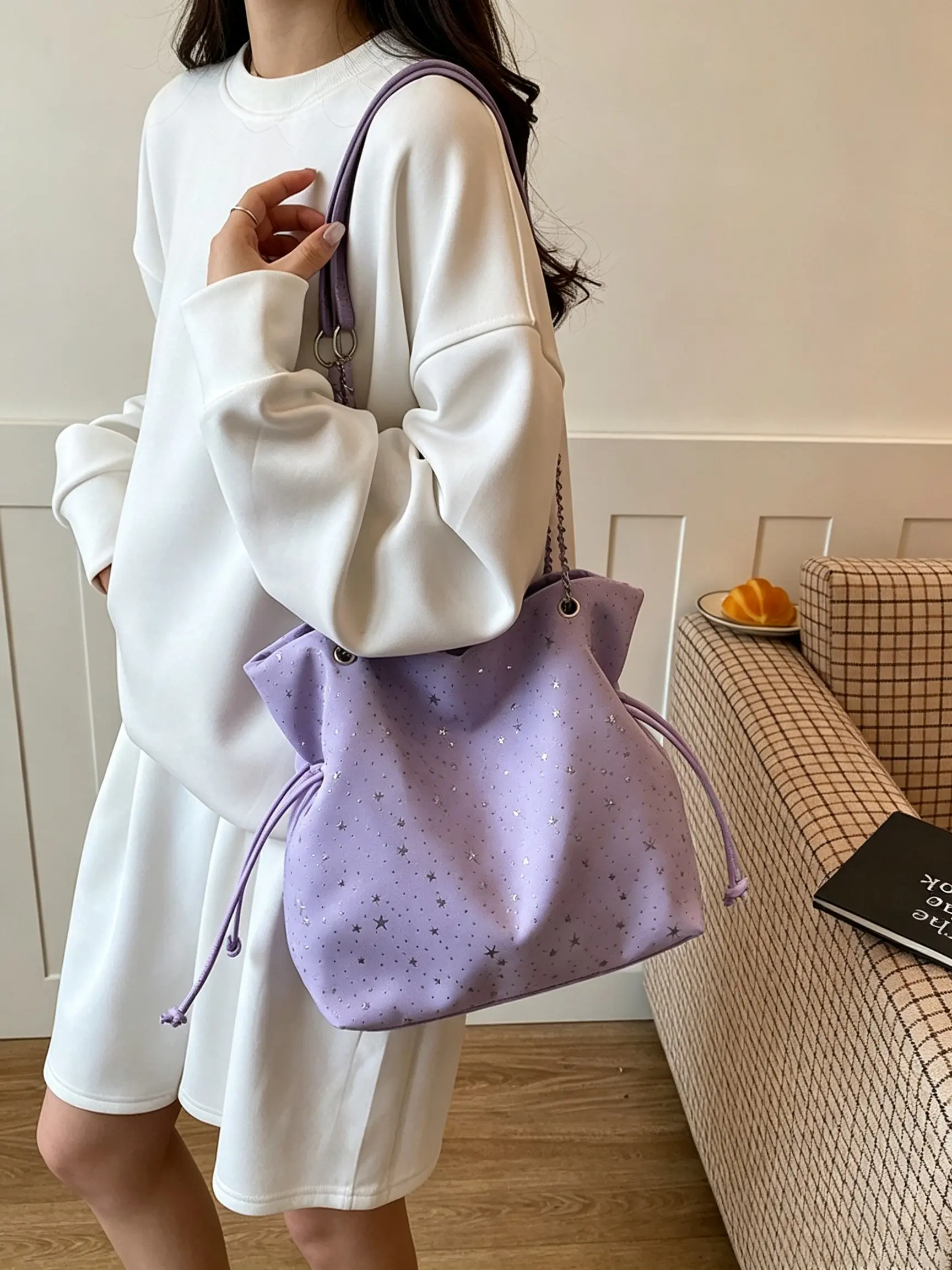 Women's New Star Pattern Large Capacity Casual Trendy Sweet Tote Bag, Versatile Shoulder Strap Solid Color Fashion Handbag, Perfect for Daily Use