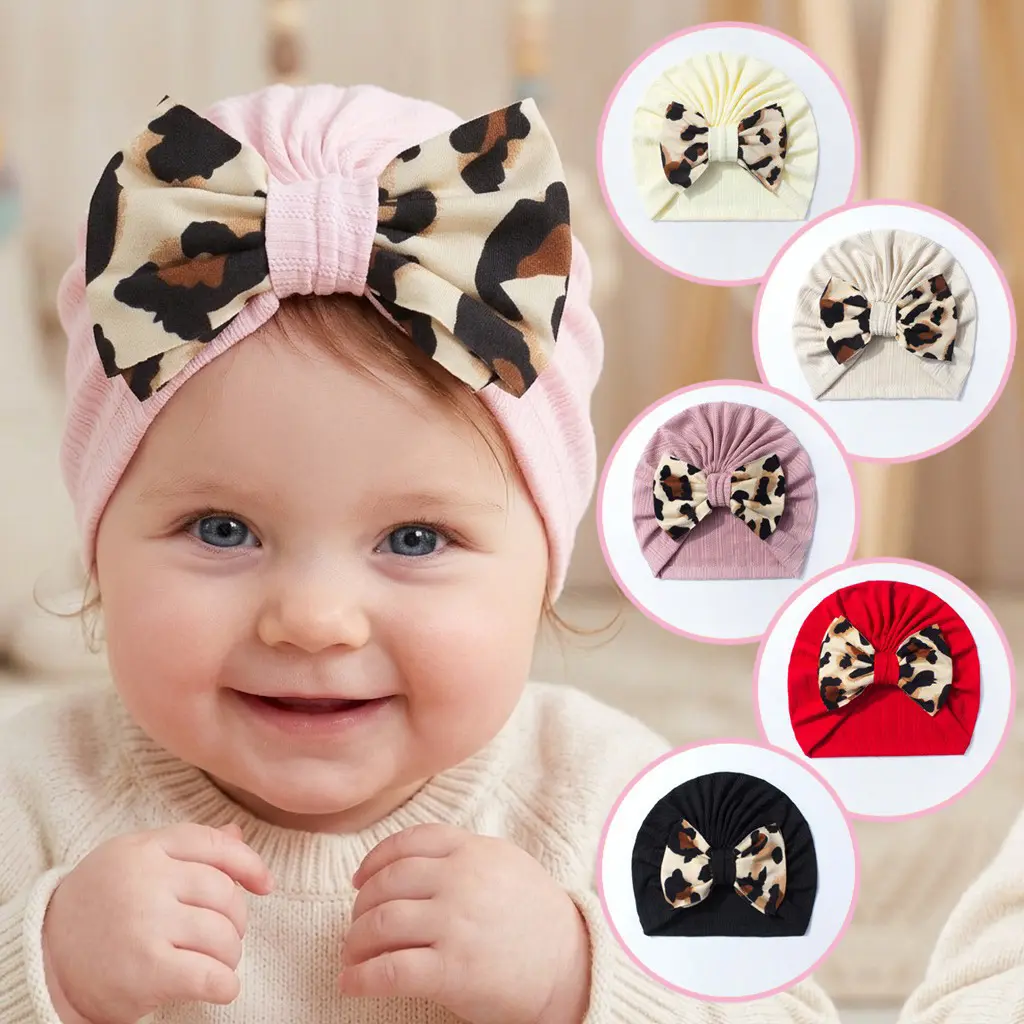 Soft Knit Turban Headband with Leopard Bow for Girl, Ribbed Elastic Stretch Wrap for Newborn and Toddler Photo Props, Ribbed Turban, Stretch Rib