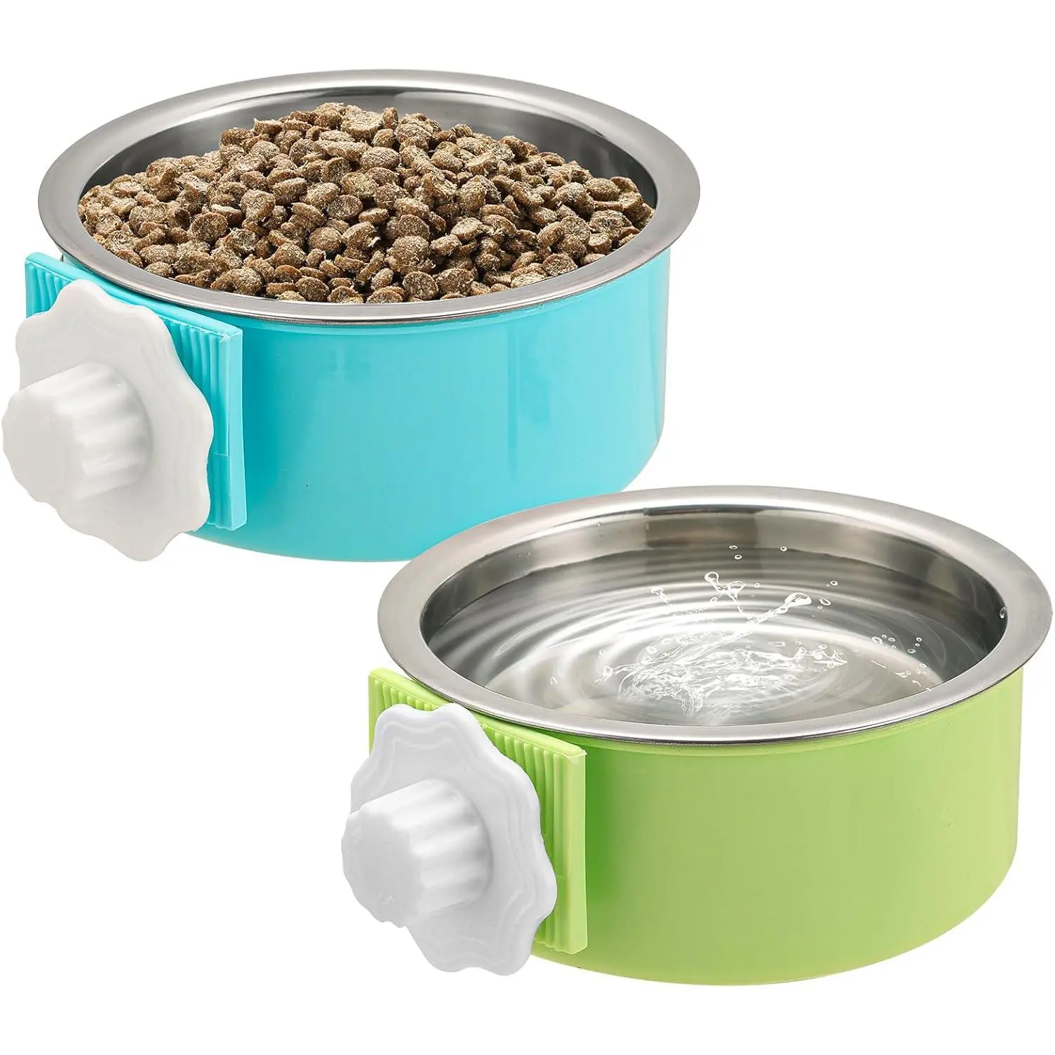 2 count Crate  Bowl, Removable Stainless Steel  Kennel   Water Feeder Bowl Cage Coop Cup for Puppy Medium    Ferret Bird (Blue,Green)