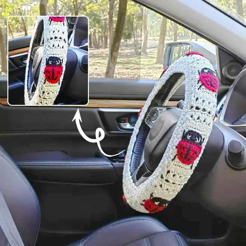 Cute Polyester Ladybug Steering Wheel Cover - Hand-Crocheted, Crochet Texture, 36-40cm, All-Season, Fits Most Cars & Vehicles, Enhances Driving Comfort, Car Exterior Accessory