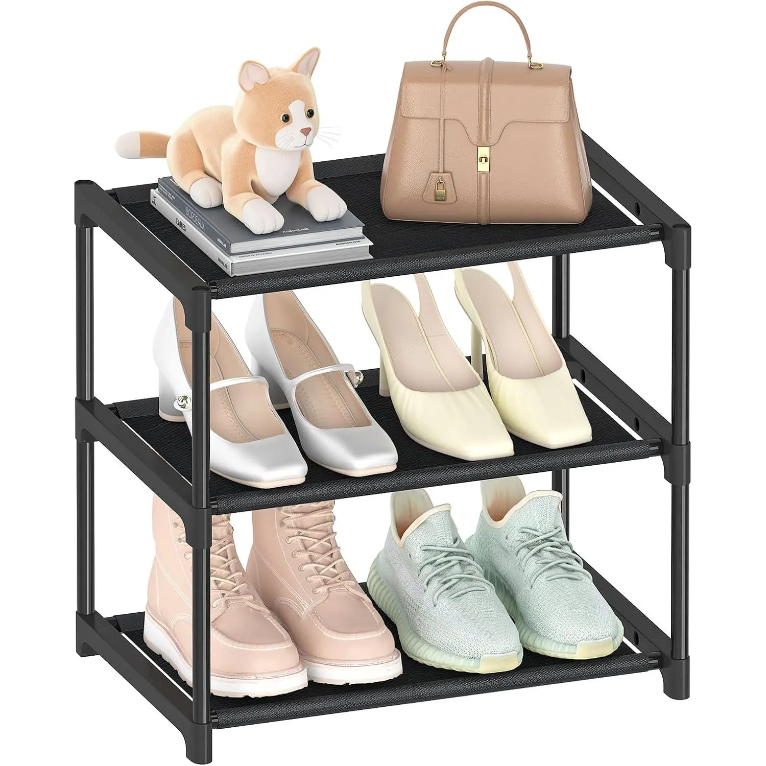 3 Tiers Small Shoe Rack, Narrow Lightweight Shoe Shelf Organizer | Stackable Shoe Stand, Non-Woven Fabric Metal Shoe Racks for Entryway, Doorway and Bedroom Closet
