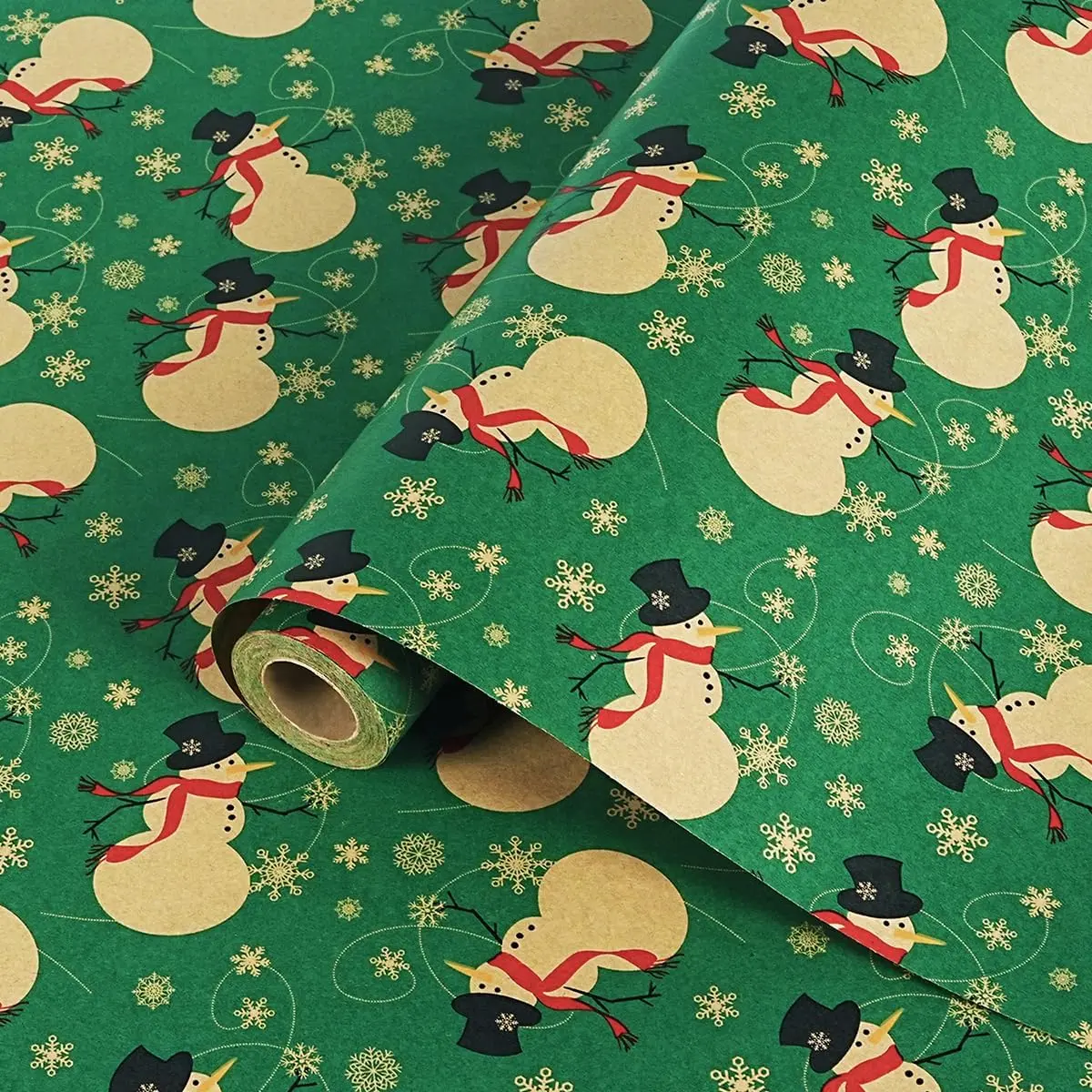 Green Christmas Wrapping Paper Roll 17Inch × 33Feet, Snowman Snowflake Wrapping Paper Roll for  Boys Girls, Cute Xmas   Wrap Paper,  Wrap for Christmas Winter Holiday Party Decoration