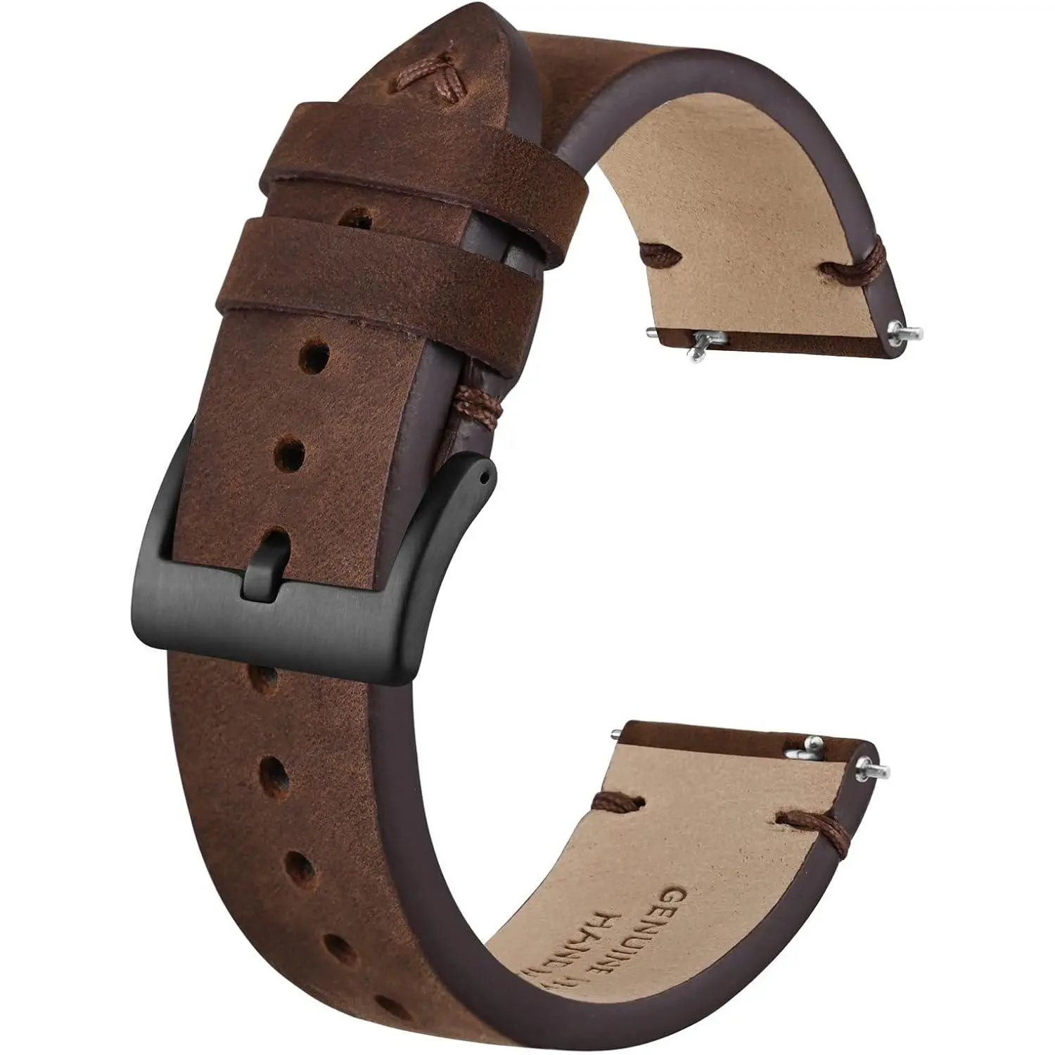 Men's 22mm Distressed Casual Leather Watch Strap, Coffee Brown Band with Black Buckle, Adjustable Quick-Release Design for Business Casual Outfits