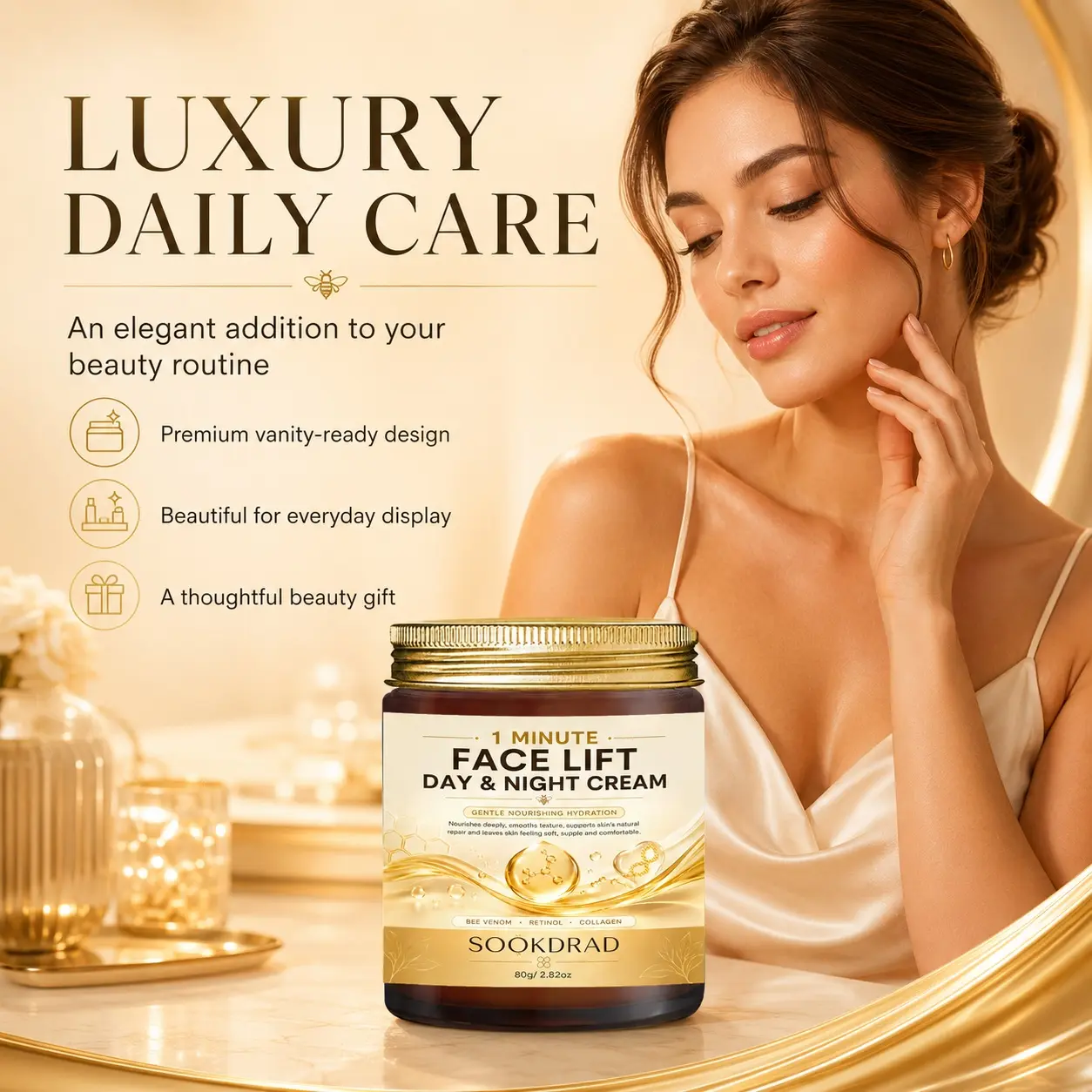 1 Minute Face Lift Day & Night Cream, bee venom, retinol, collagen, gentle nourishing hydration, deeply nourish, smooth texture, natural skin repair, soft supple comfortable skin, face, 80g/2.82oz