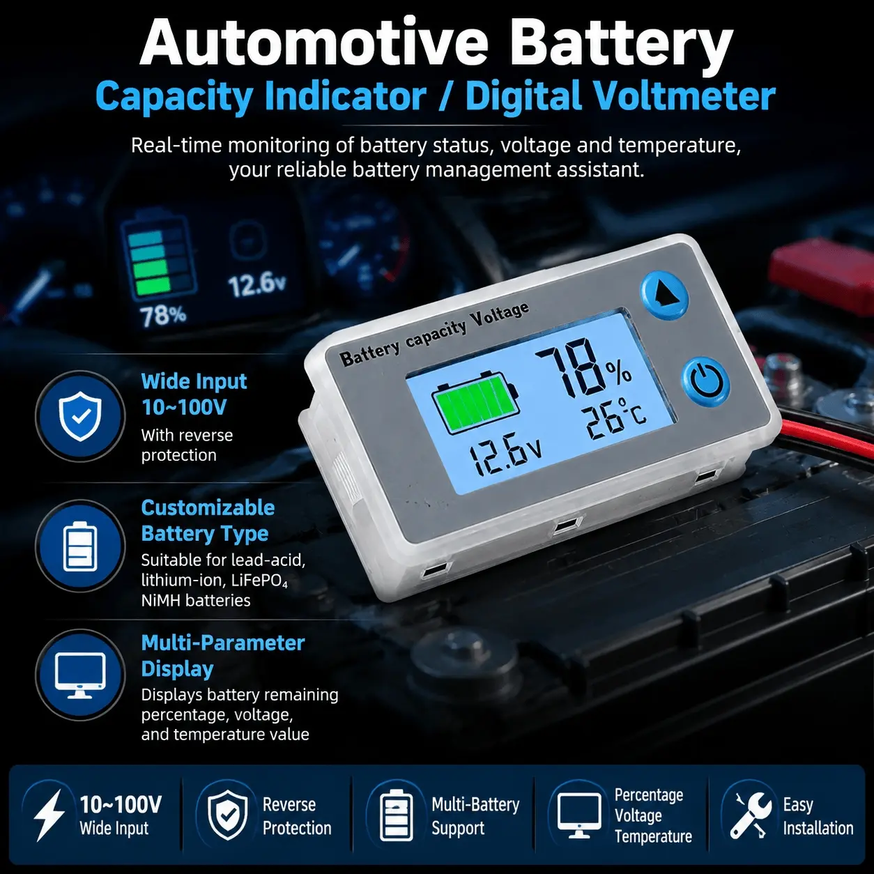 Programmable Battery Capacity Monitor Battery Checker 10-100V with LCD Display, Voltage Temperature Meter Voltmeter for 12V 24V 36V 48V Lithium Batteries, Accurate Percentage Indicator for Real-Time Charge & Health Status