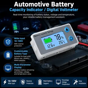 Programmable Battery Capacity Monitor 10-100V with LCD Display, Voltage Temperature Meter for 12V 24V 36V 48V Lithium Batteries, Accurate Percentage Indicator for Real-Time Charge & Health Status