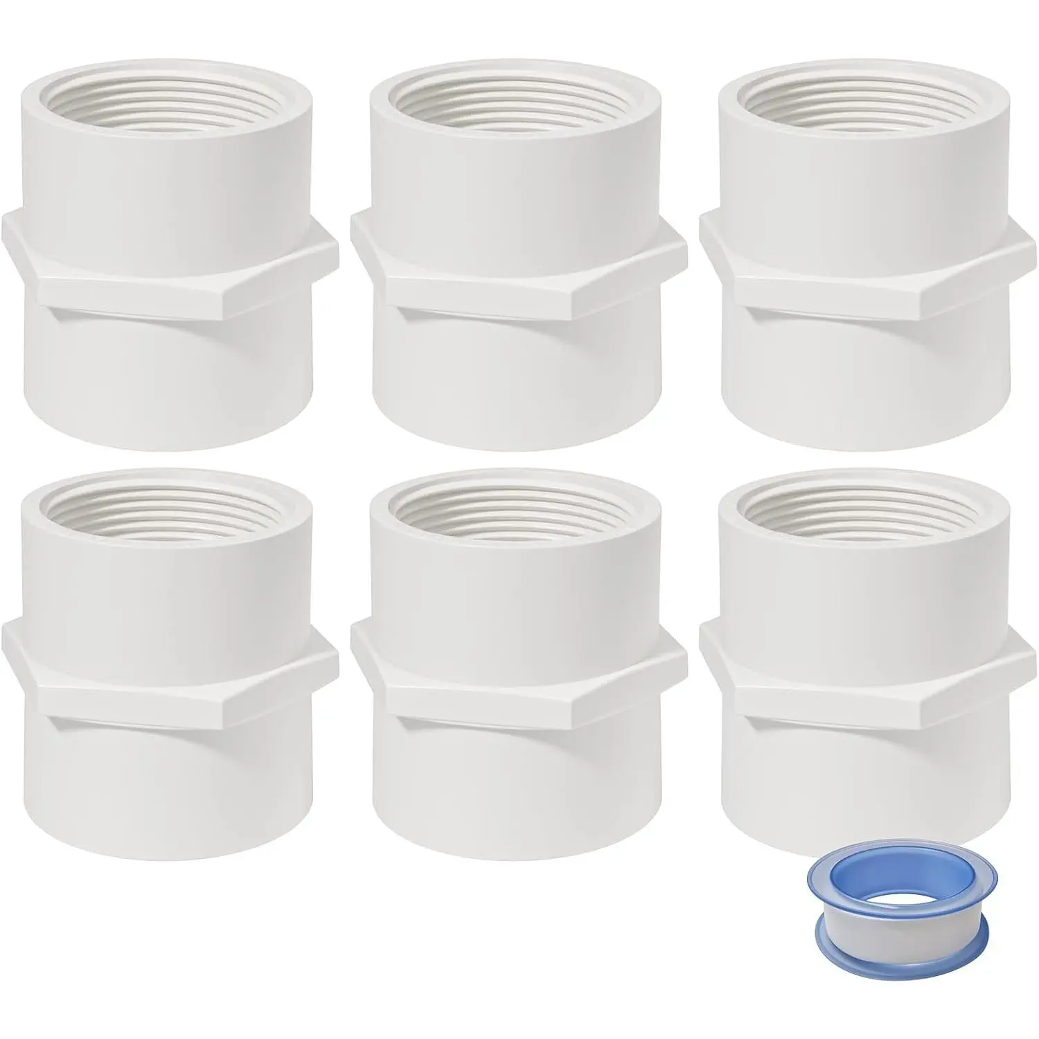 1 Inch PVC Female Thread Adaptor White 2-Way PVC Pipe Coupling Adapter Connectors for 1" Schedule 40 Pipe (Pack of 6)