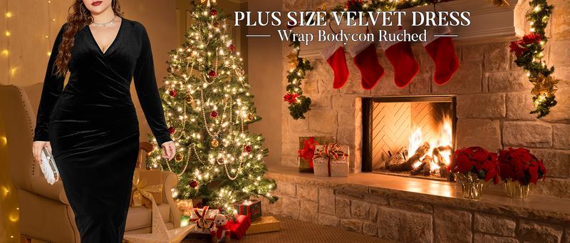 Womens Plus Size Long Sleeve Velvet Bodycon Dresses Sexy Ruched Wrap Deep V Neck Party Cocktail Dress