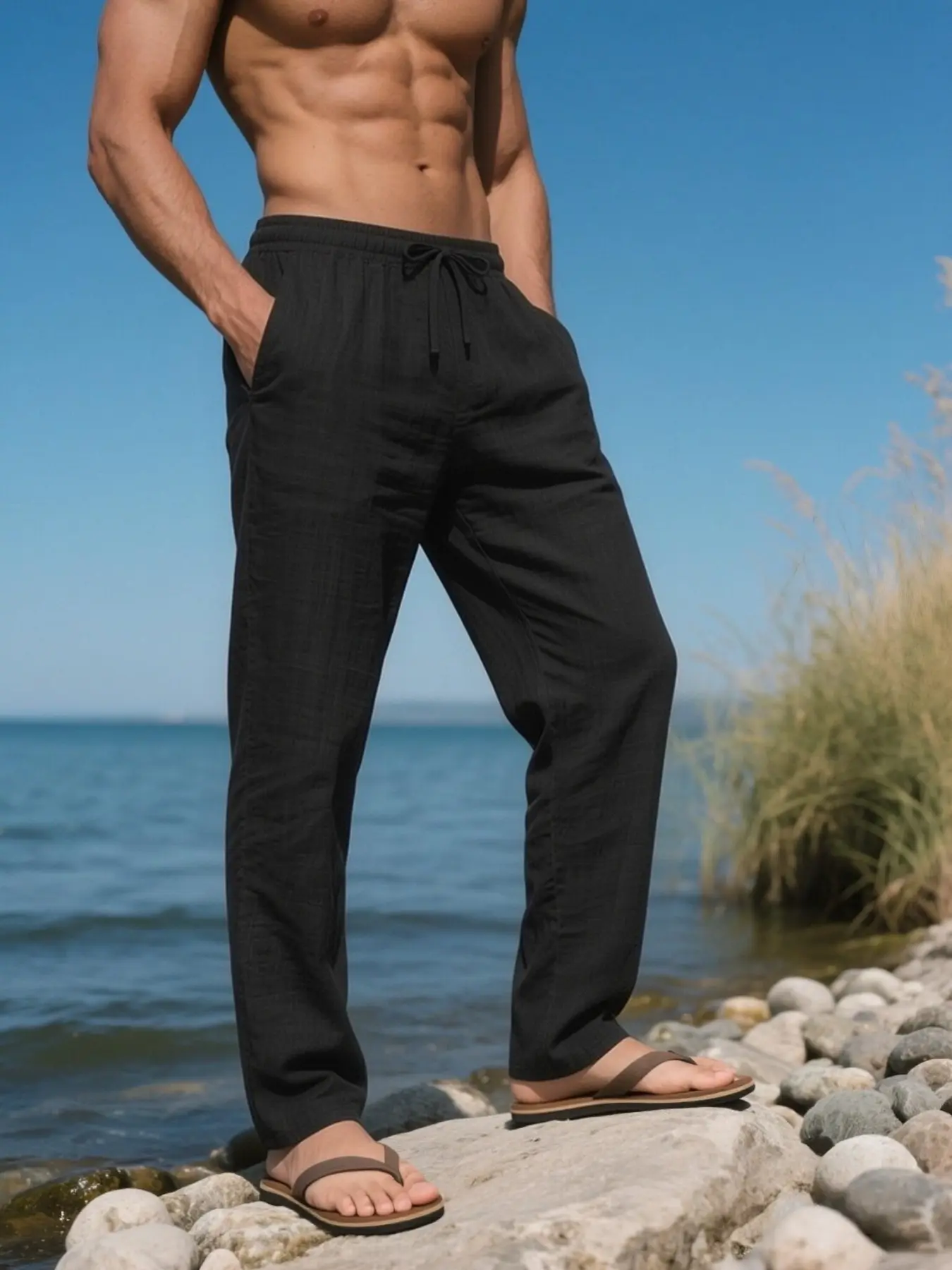 Men's Drawstring Linen Straight Leg Casual Pants, Summer Wrinkle Texture Elastic Waist Long Pants, Beach Vacation Breathable Sandals, Breathable Plain Bottoms