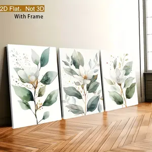 2D flat frame, 3-piece watercolor-style green floral triptych canvas print, modern art poster, suitable for living room and bedroom wall decoration, 2D flat