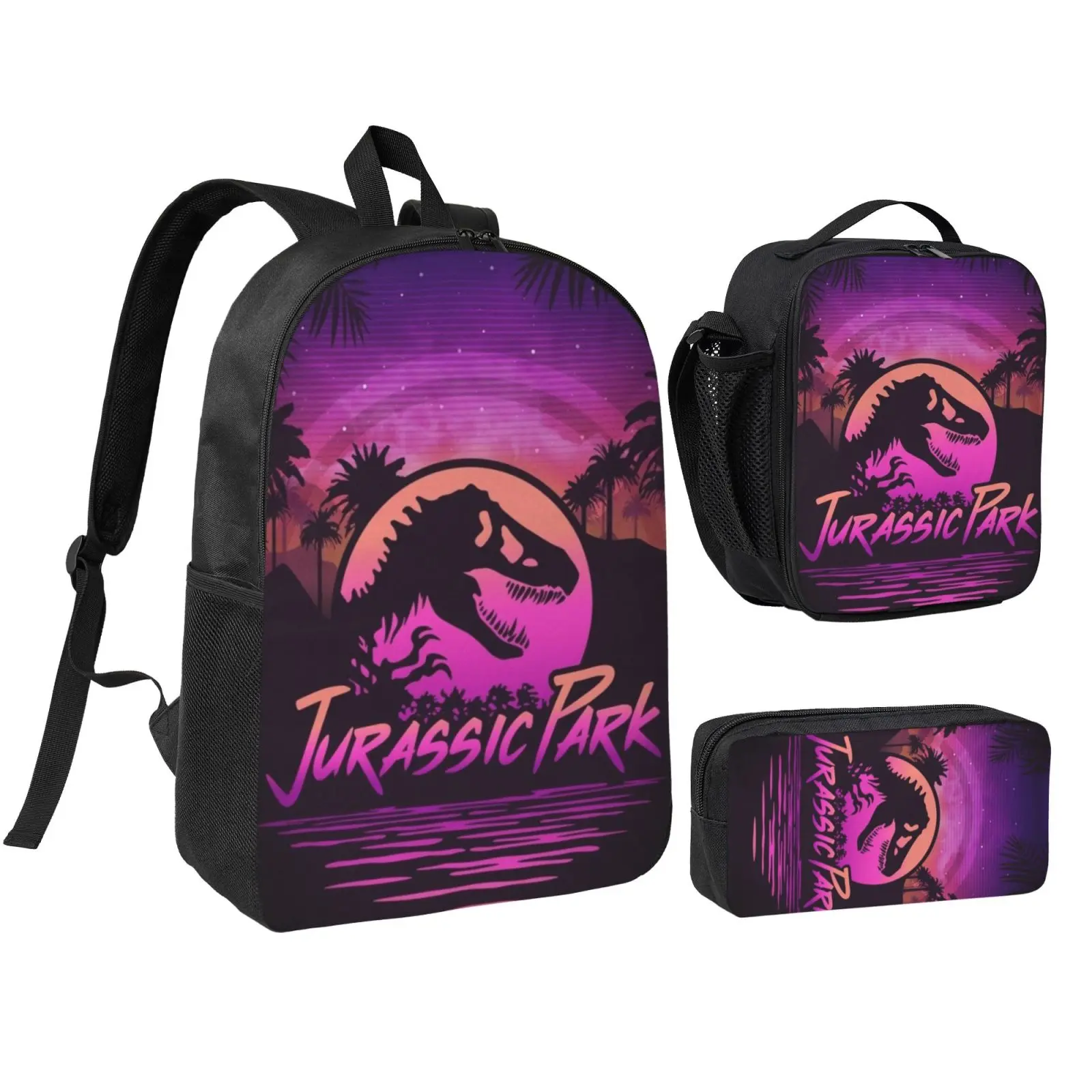 Unisex Jurassic Park8 3Pcs Backpack for Teen Girls Boys, School Bookbag with Lunchbox Pecil box, Anime backpack with adjustable straps, office travel bag Bookbag