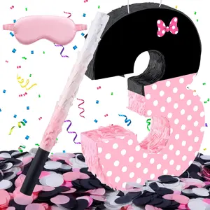 15.7 x 11.5 x 3 Inch Pink Bow Number 3 Pinata Fillable Hanging Piñata with Stick Blindfold Confetti for Girls Boys 3rd Anniversary Party Decorations