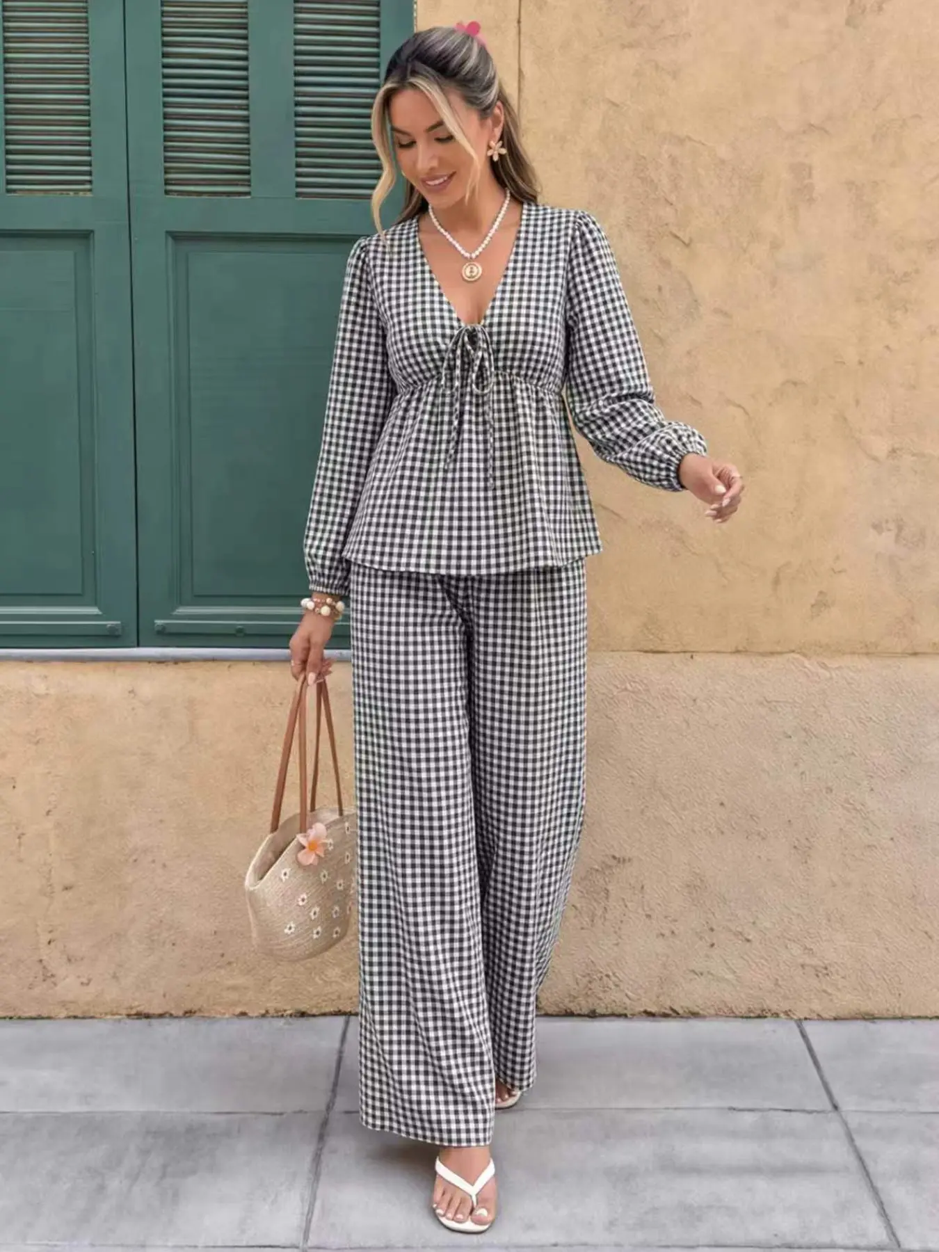 Women's Plaid Long Sleeve Shirt and Pants Set, Waist Cinched Top, Loose Fit Wide Leg Pants, Comfortable Linen-Like Fabric, All Seasons, Plaid Lounge Set